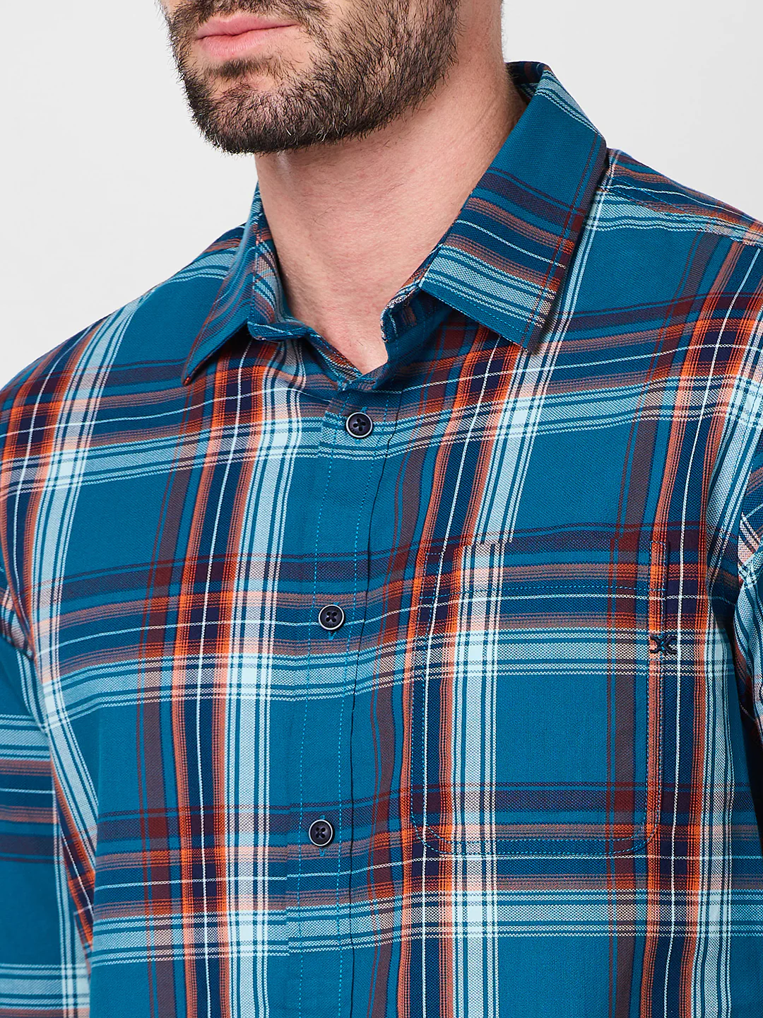 Full Sleeves Slim Fit Petrol Blue Checks Shirt - Image 7