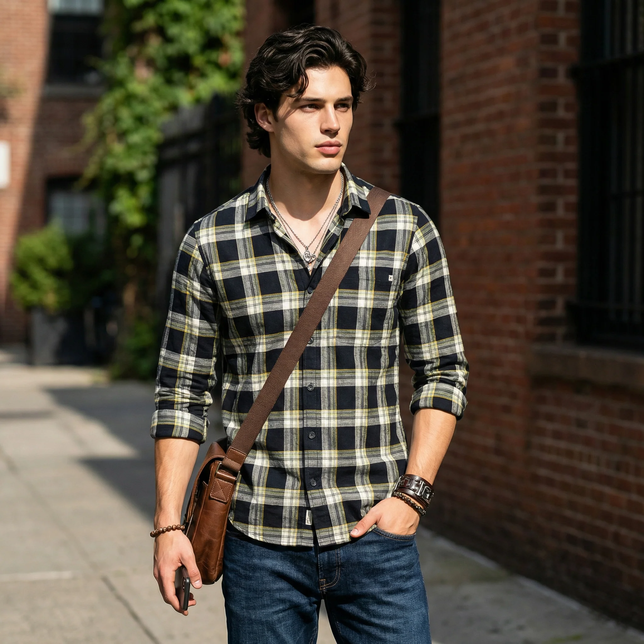 Full Sleeves Slim Fit Navy Crepe Weave Checks Shirt - Image 2