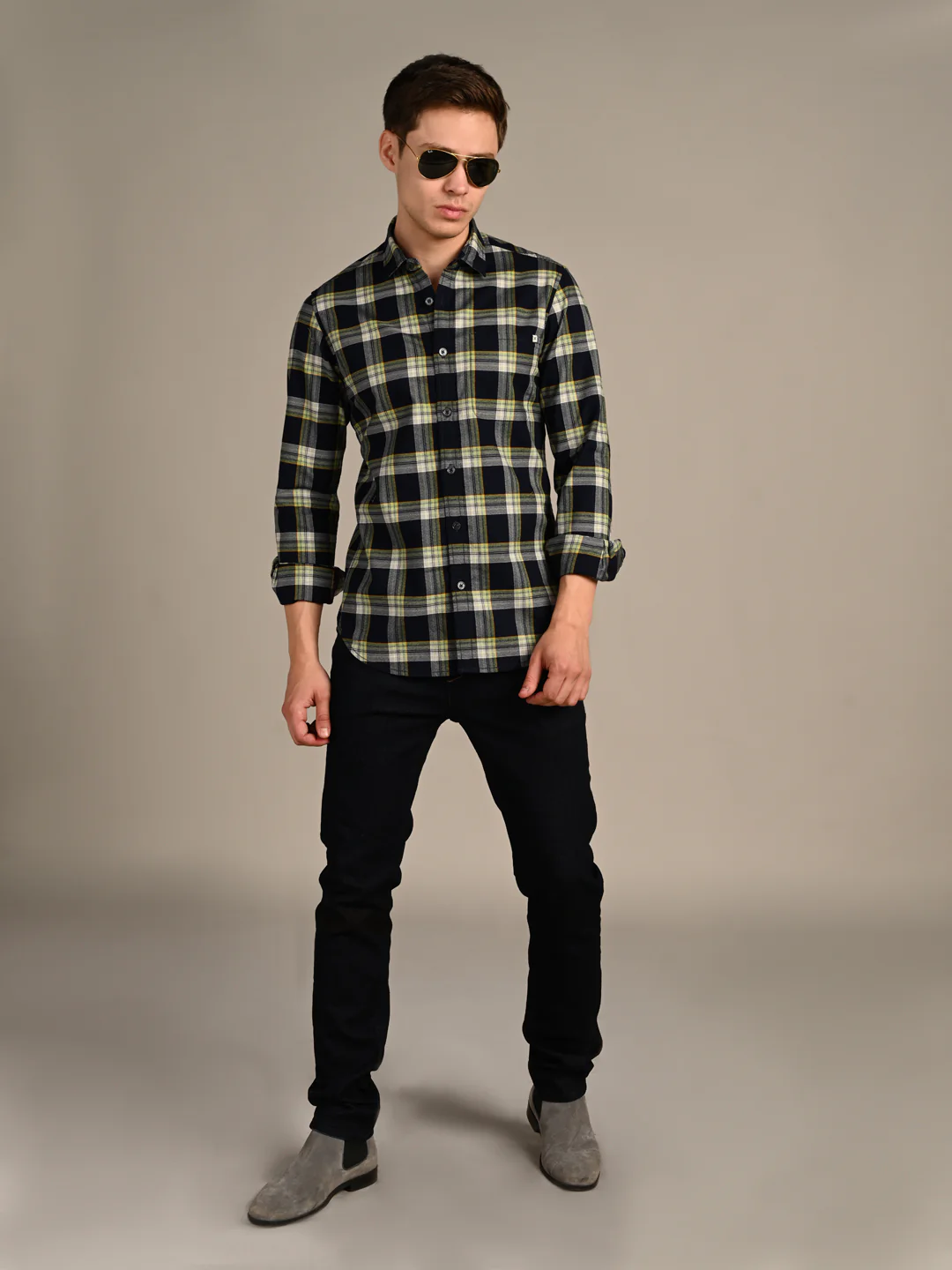 Full Sleeves Slim Fit Navy Crepe Weave Checks Shirt - Image 3