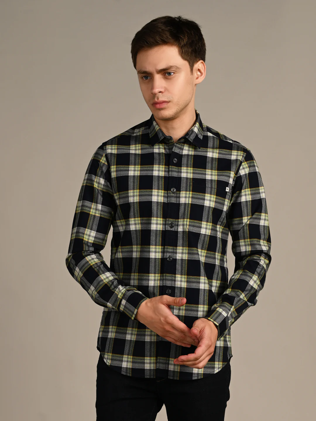 Full Sleeves Slim Fit Navy Crepe Weave Checks Shirt - Image 4