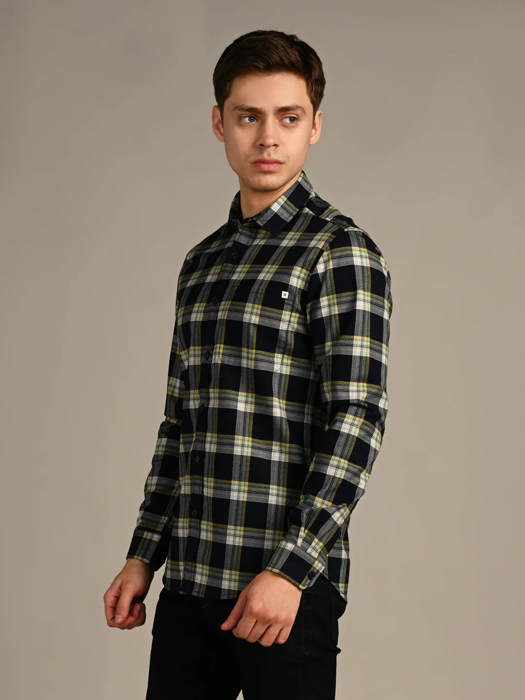 Full Sleeves Slim Fit Navy Crepe Weave Checks Shirt - Image 5