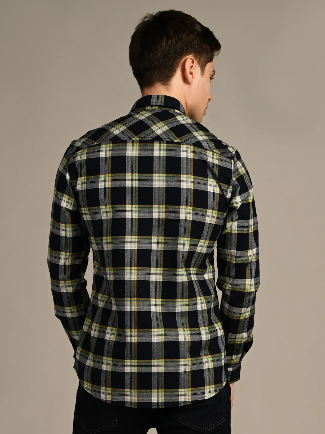 Full Sleeves Slim Fit Navy Crepe Weave Checks Shirt - Image 7