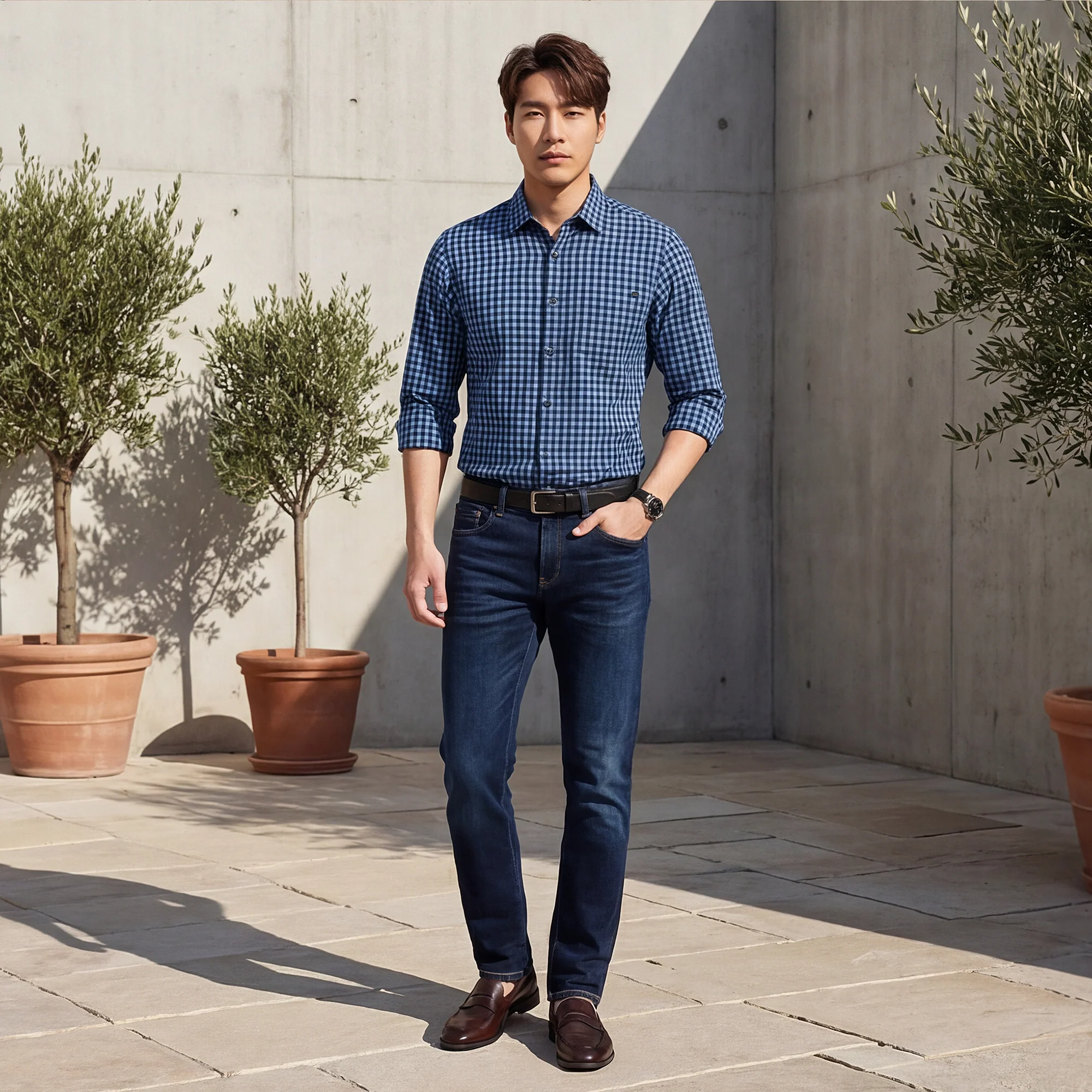 Full sleeves Slim Fit Blue Over-Dyed Gingham Checks Shirt