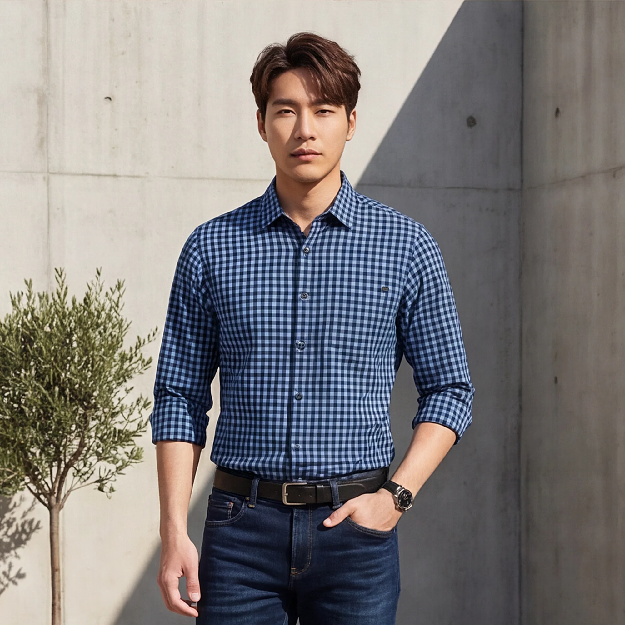 Full sleeves Slim Fit Blue Over-Dyed Gingham Checks Shirt - Image 2