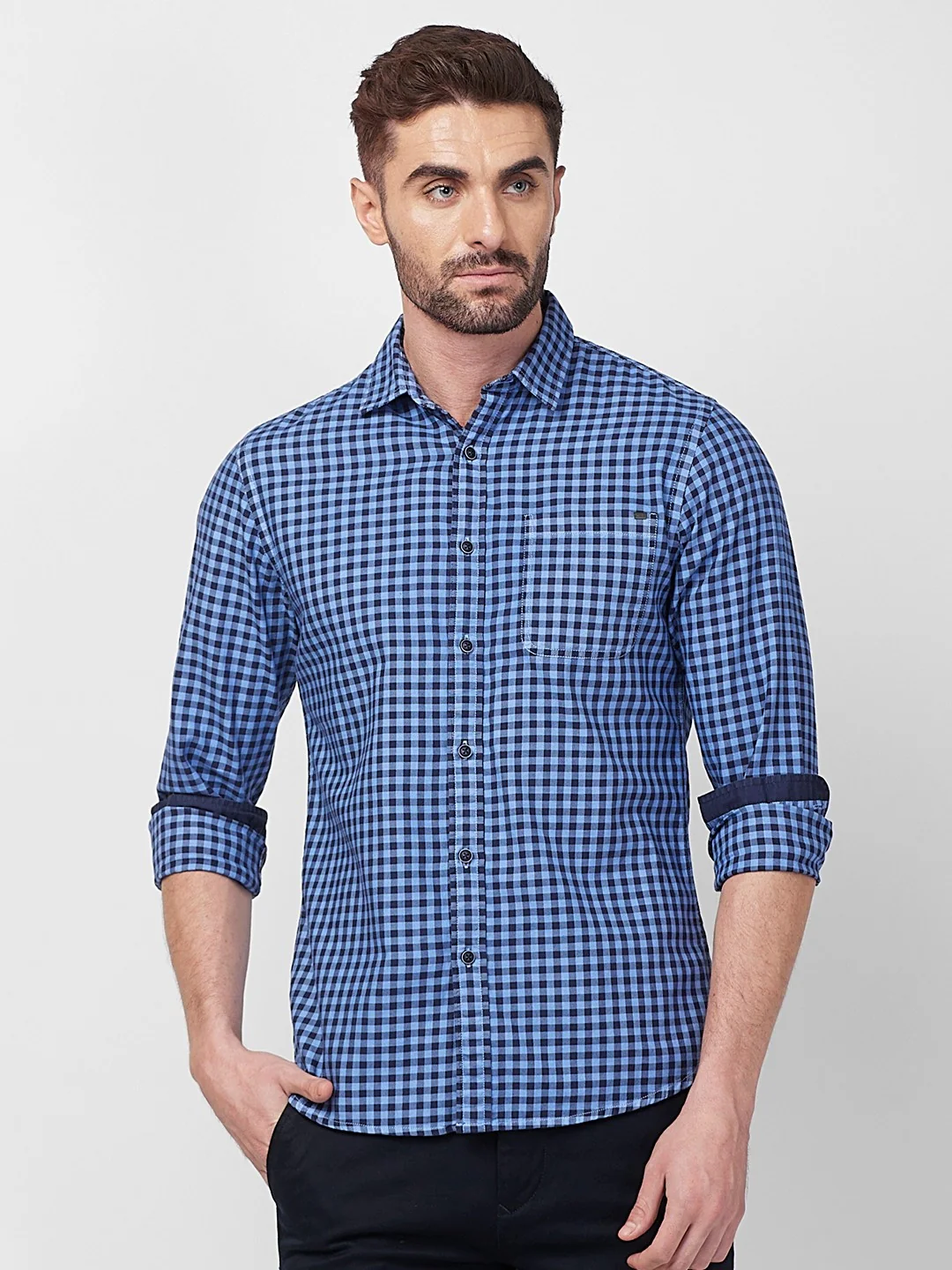 Full sleeves Slim Fit Blue Over-Dyed Gingham Checks Shirt - Image 3