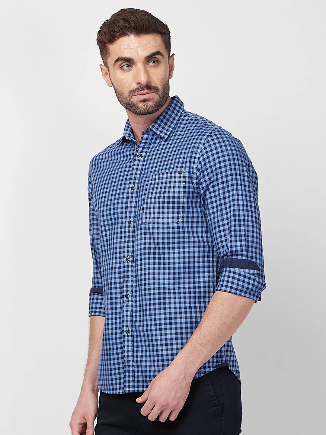 Full sleeves Slim Fit Blue Over-Dyed Gingham Checks Shirt - Image 4