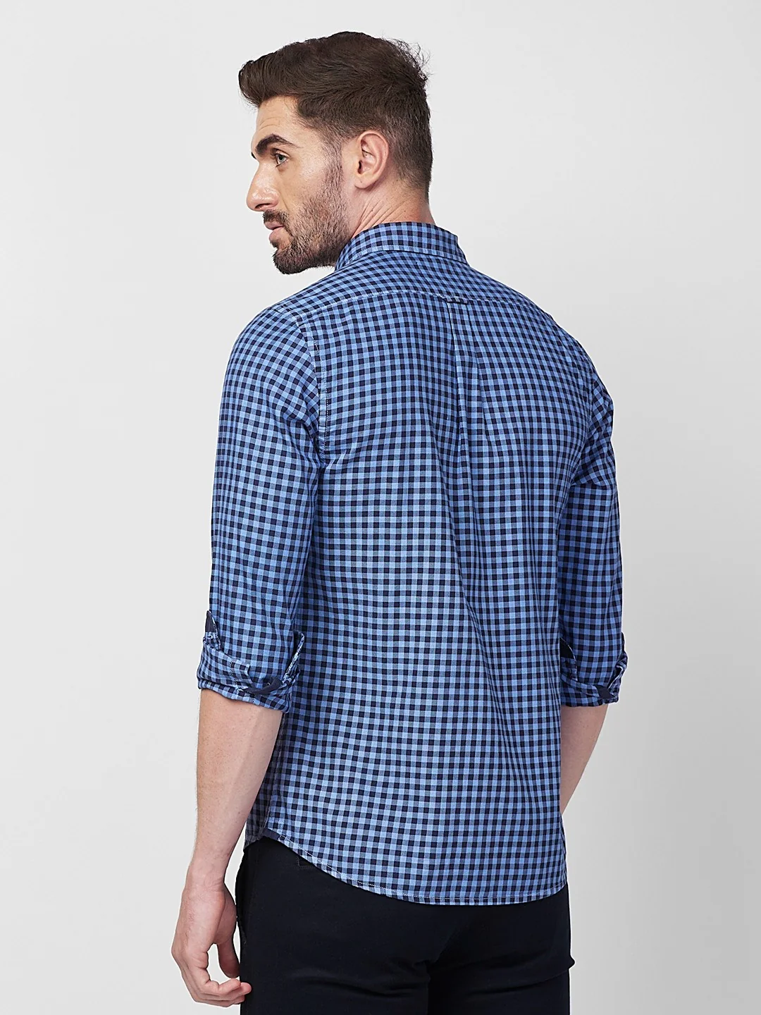 Full sleeves Slim Fit Blue Over-Dyed Gingham Checks Shirt - Image 5