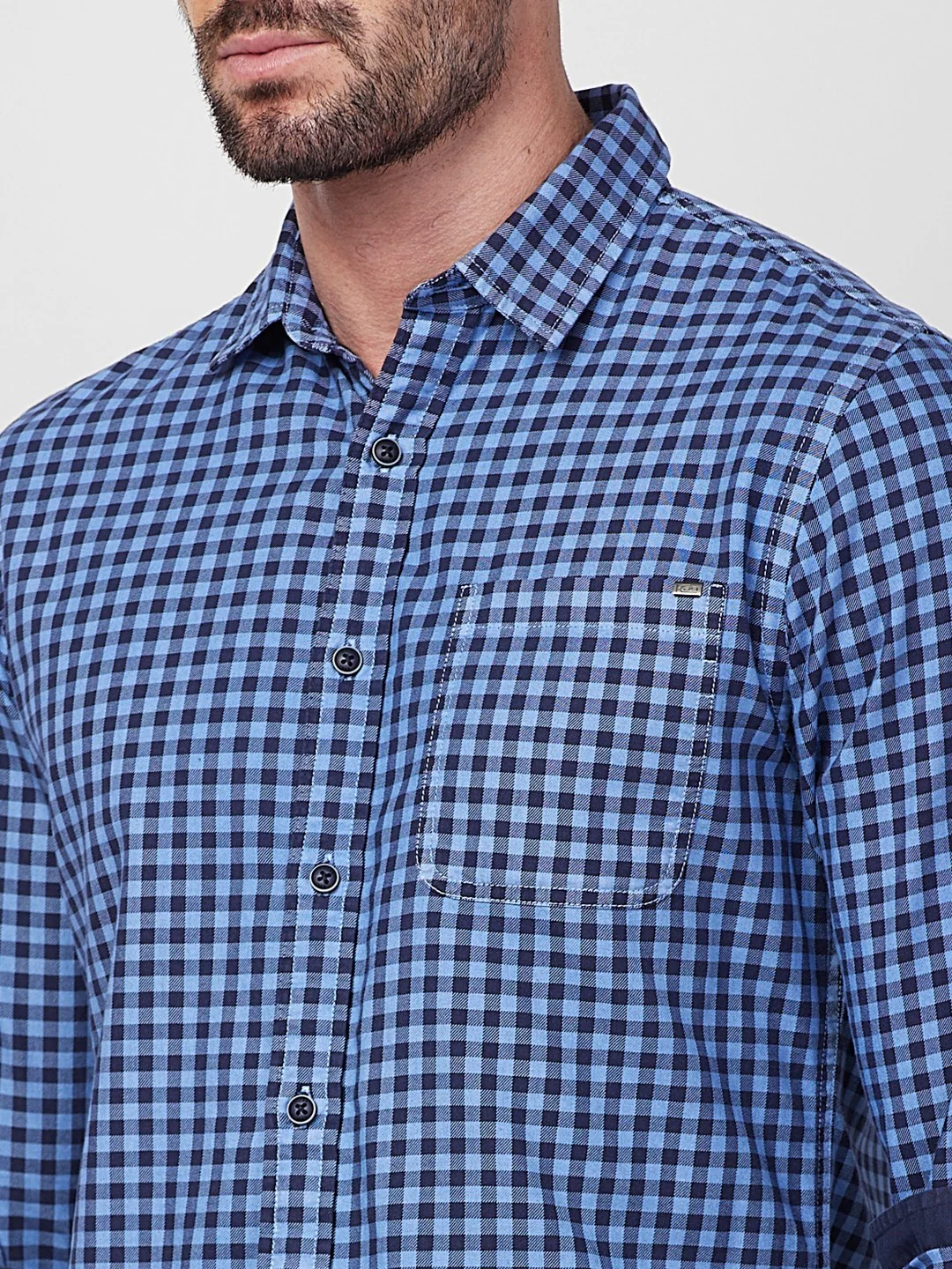 Full sleeves Slim Fit Blue Over-Dyed Gingham Checks Shirt - Image 6