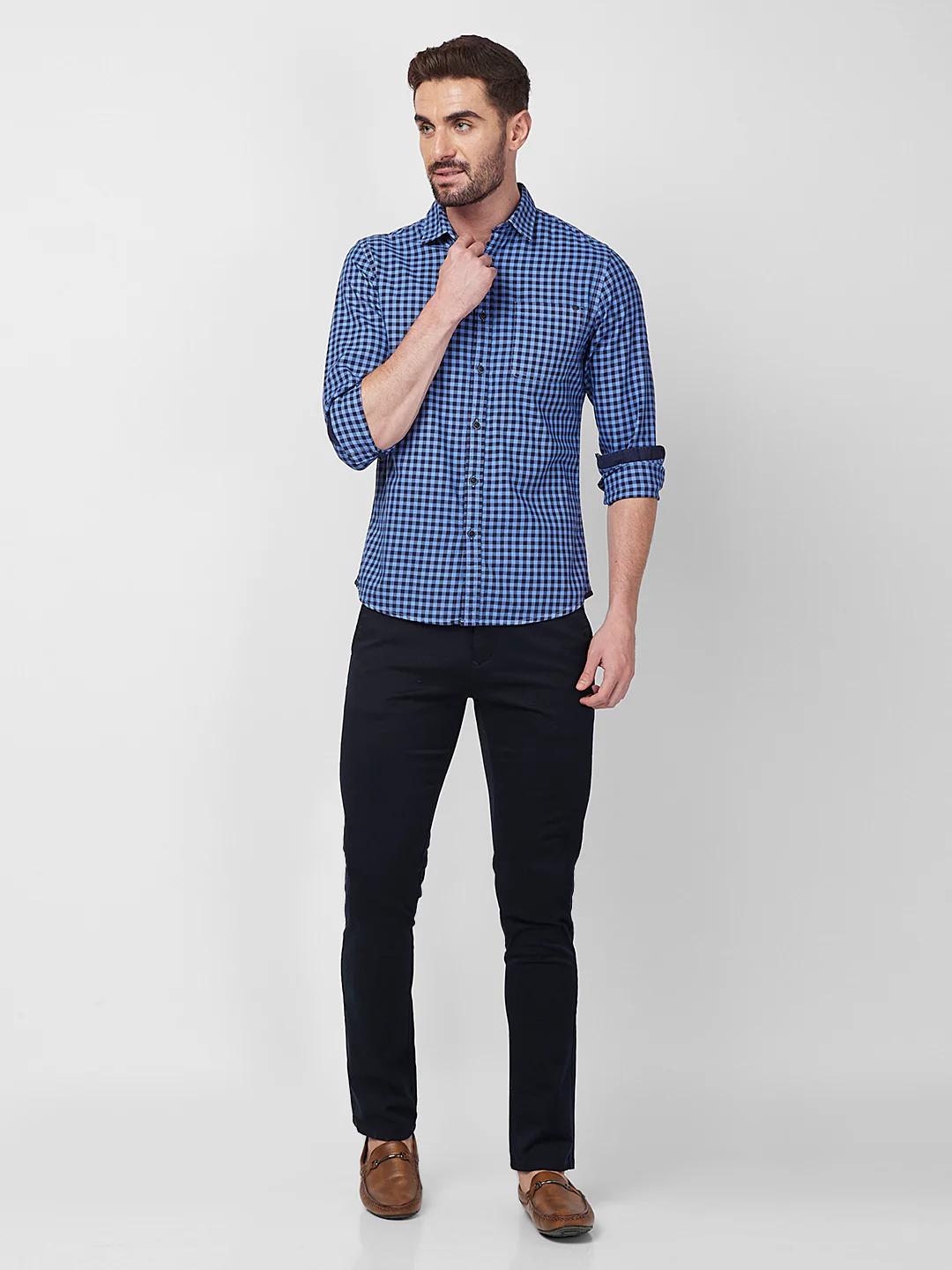 Full sleeves Slim Fit Blue Over-Dyed Gingham Checks Shirt - Image 7