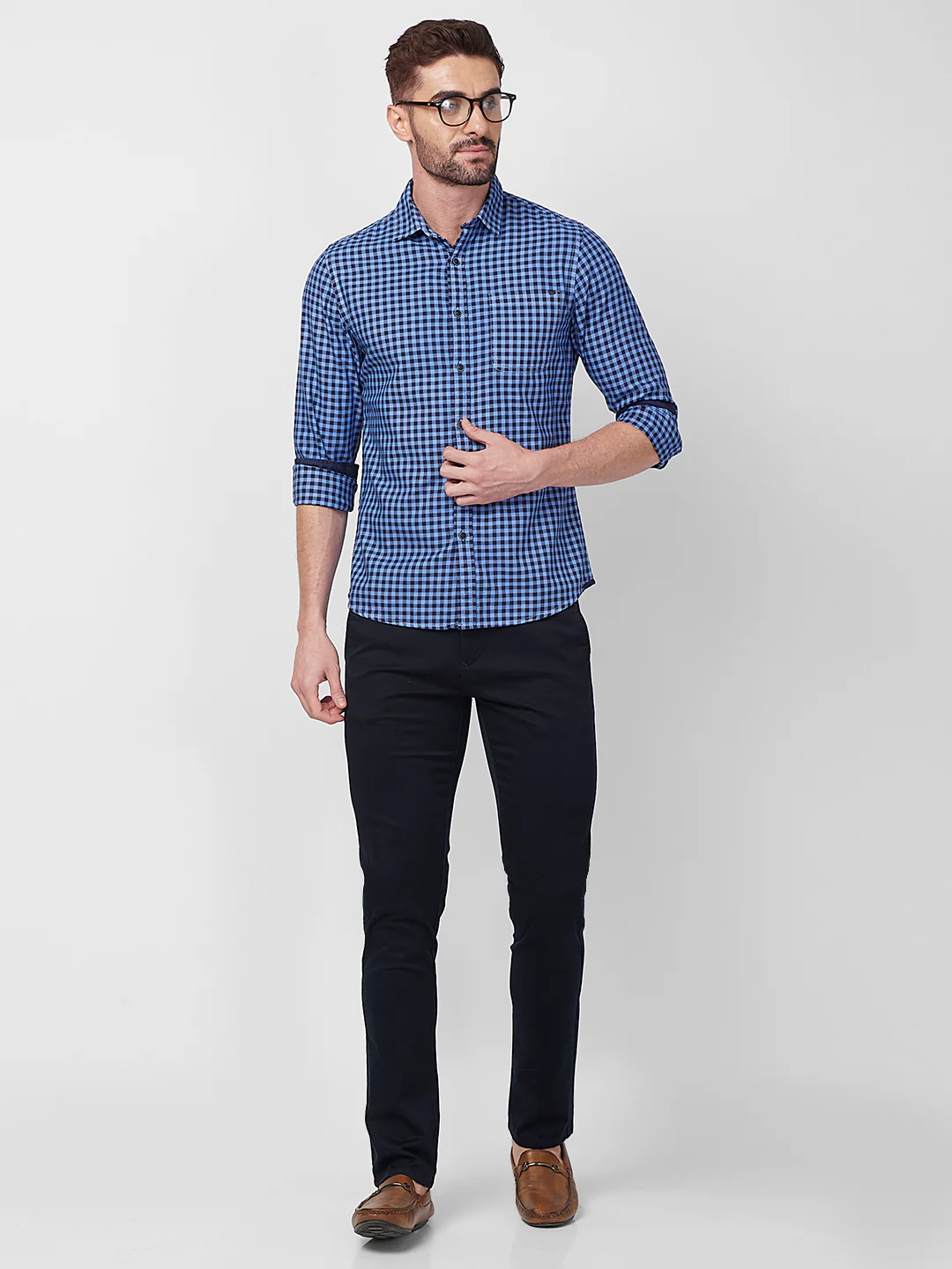 Full sleeves Slim Fit Blue Over-Dyed Gingham Checks Shirt - Image 8