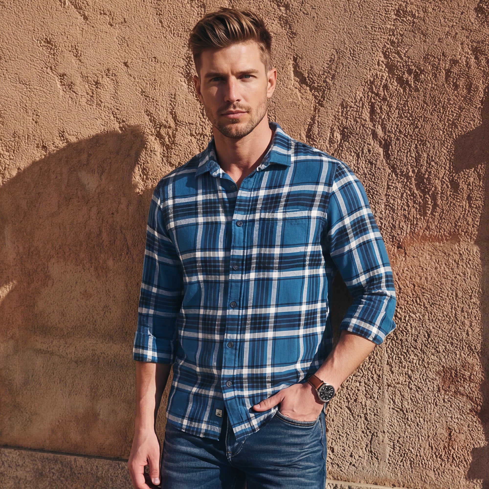Full sleeves Slim Fit Blue Brushed Checks Shirt - Image 2