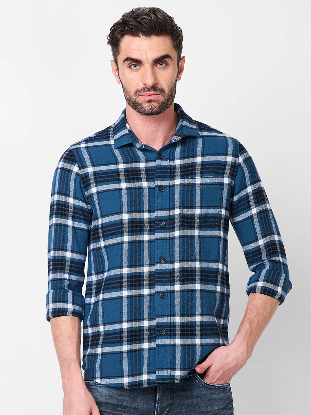 Full sleeves Slim Fit Blue Brushed Checks Shirt - Image 3