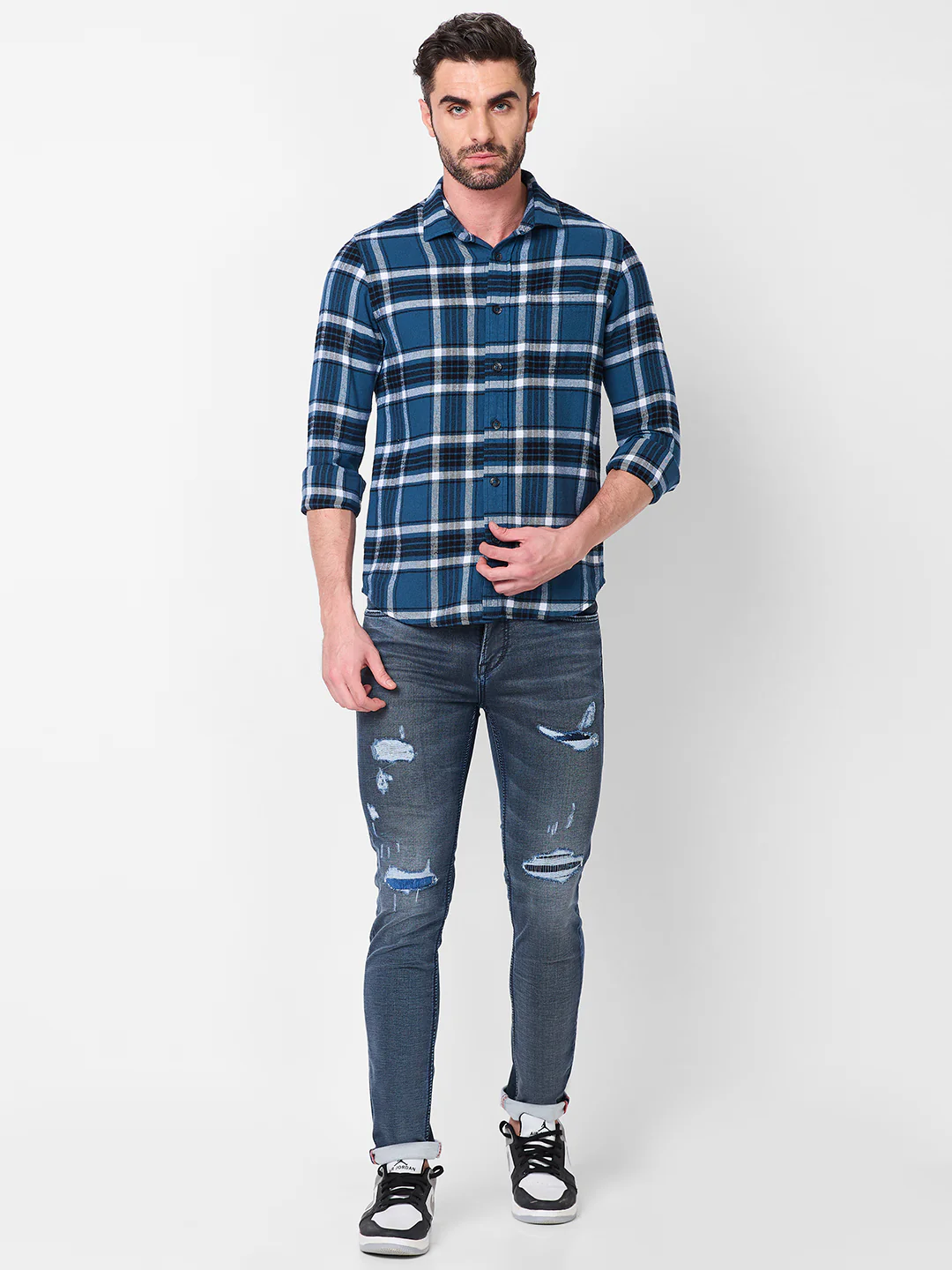 Full sleeves Slim Fit Blue Brushed Checks Shirt - Image 4