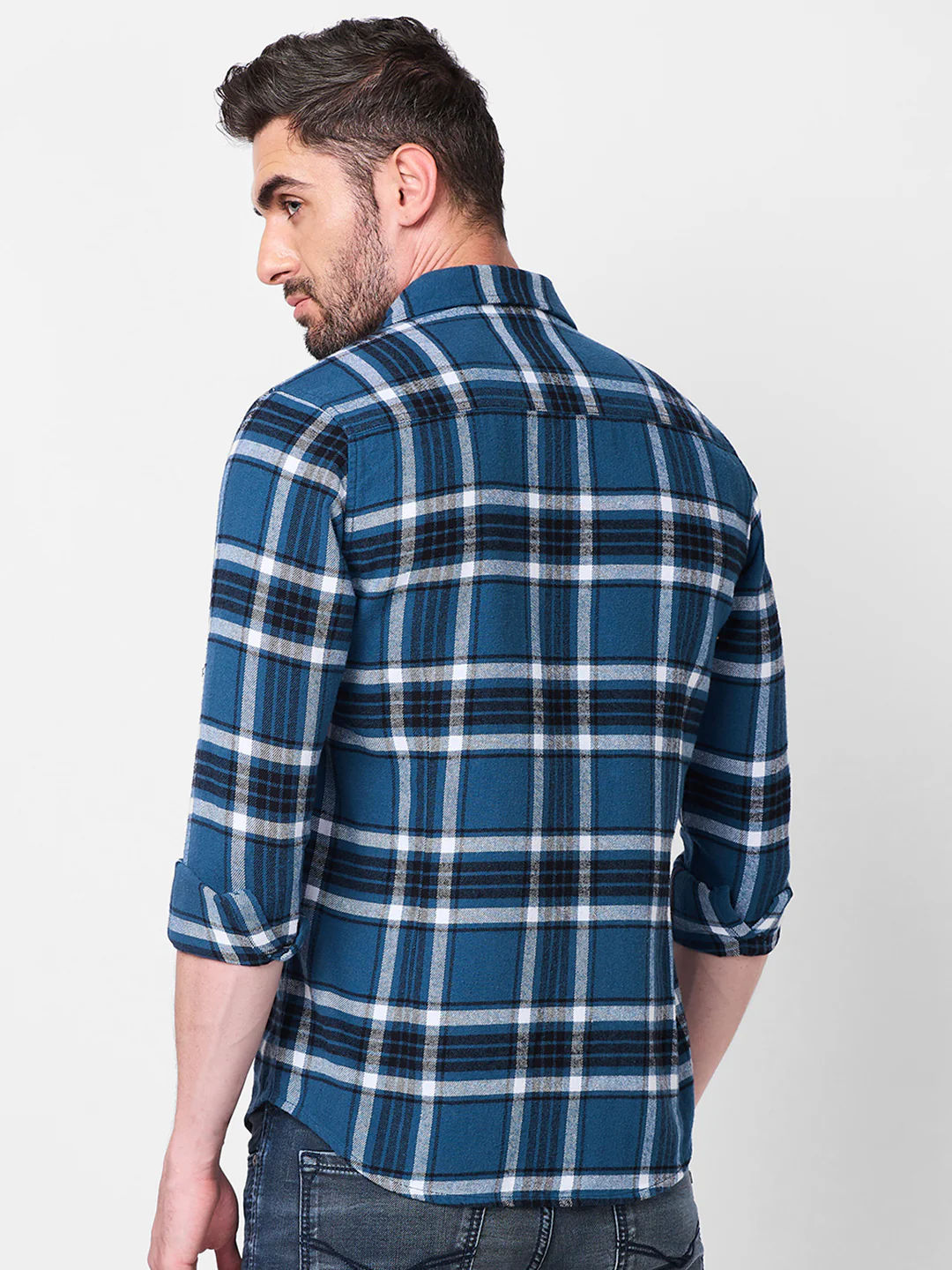 Full sleeves Slim Fit Blue Brushed Checks Shirt - Image 5