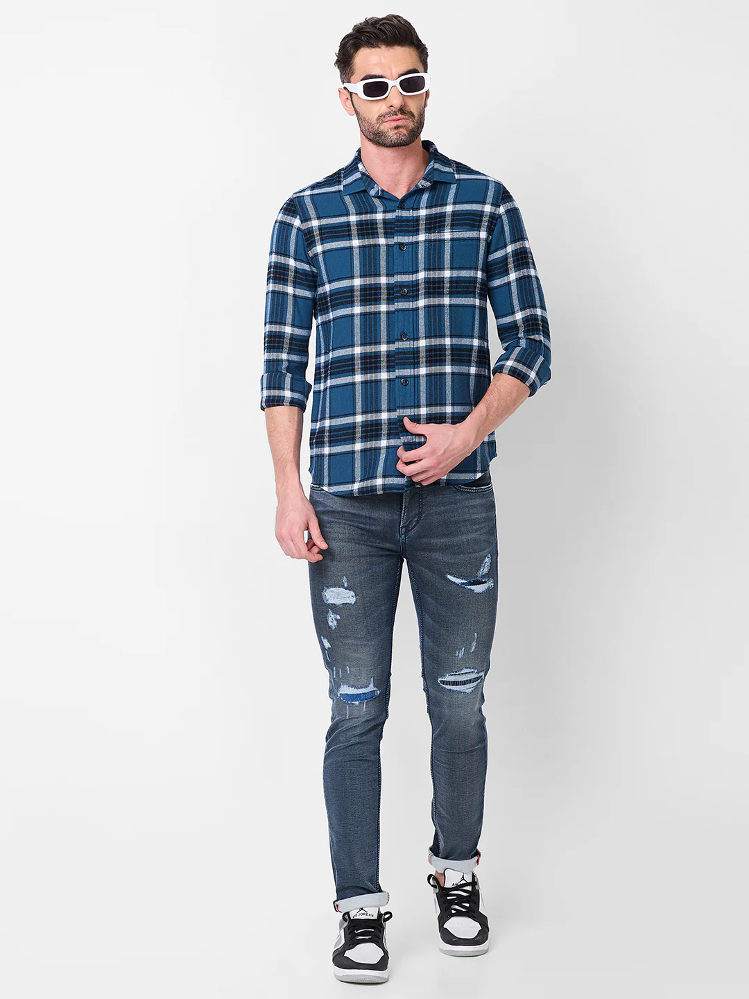 Full sleeves Slim Fit Blue Brushed Checks Shirt - Image 8