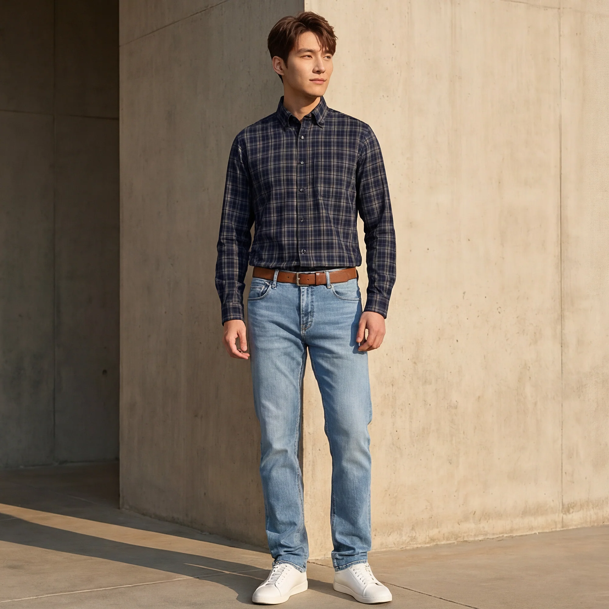 Full Sleeves Slim Fit Navy Button-Down Dobby Checks Shirt