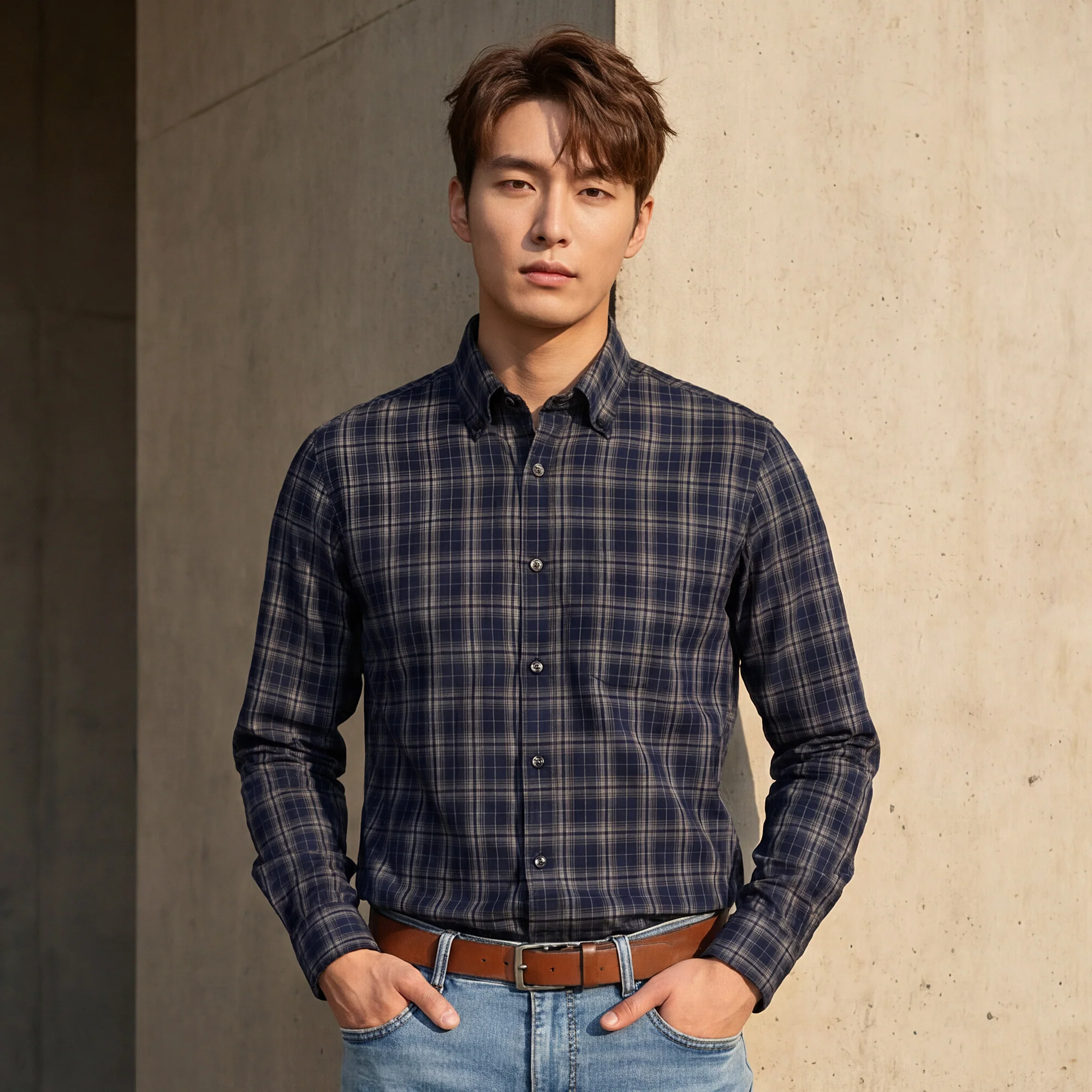 Full Sleeves Slim Fit Navy Button-Down Dobby Checks Shirt - Image 2