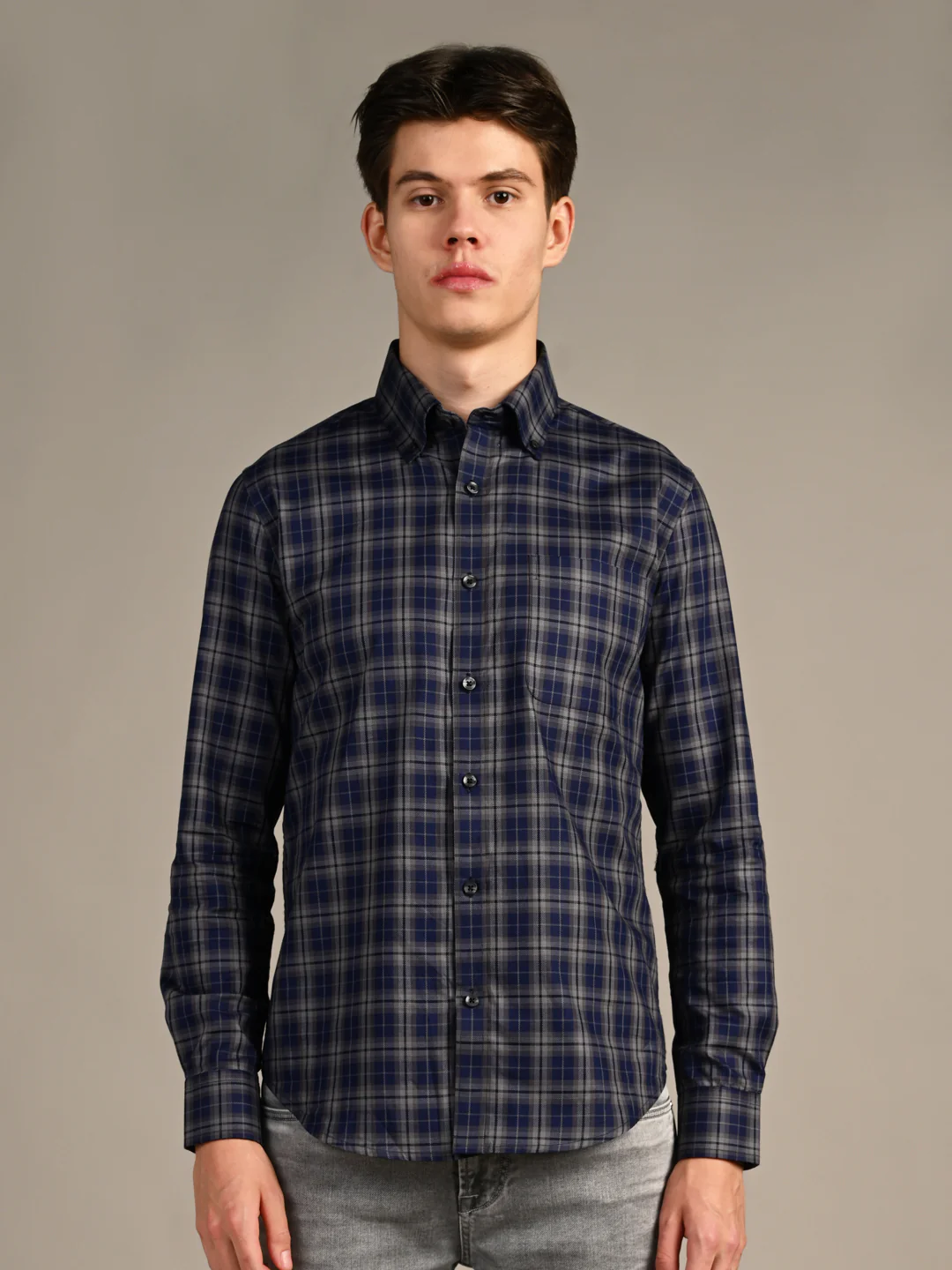 Full Sleeves Slim Fit Navy Button-Down Dobby Checks Shirt - Image 4