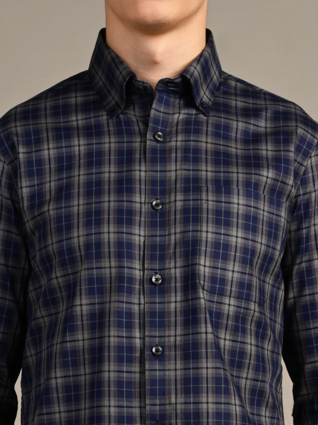 Full Sleeves Slim Fit Navy Button-Down Dobby Checks Shirt - Image 8