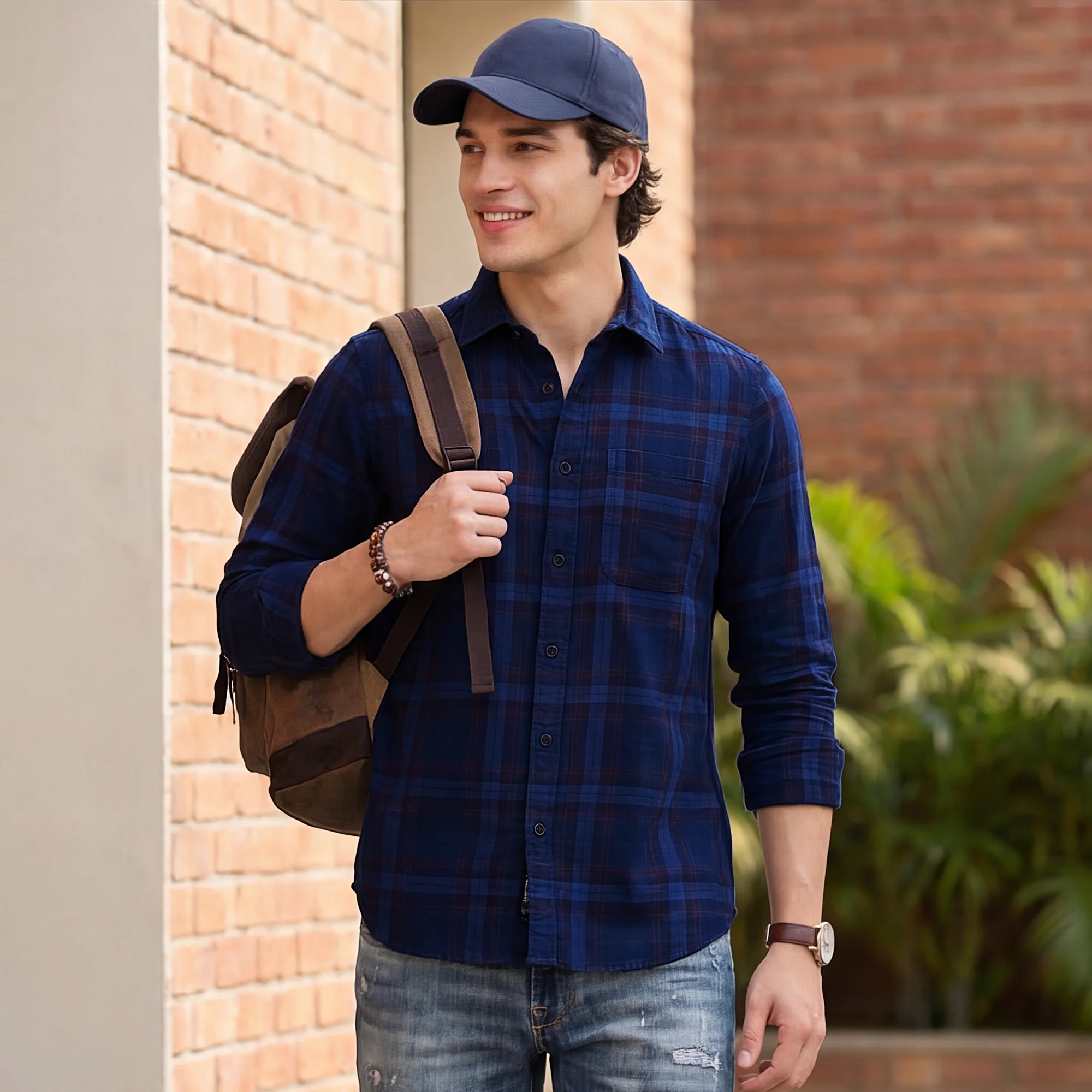 Full Sleeves Slim Fit Cobalt Blue Corduroy Checks Shirt - Image 2