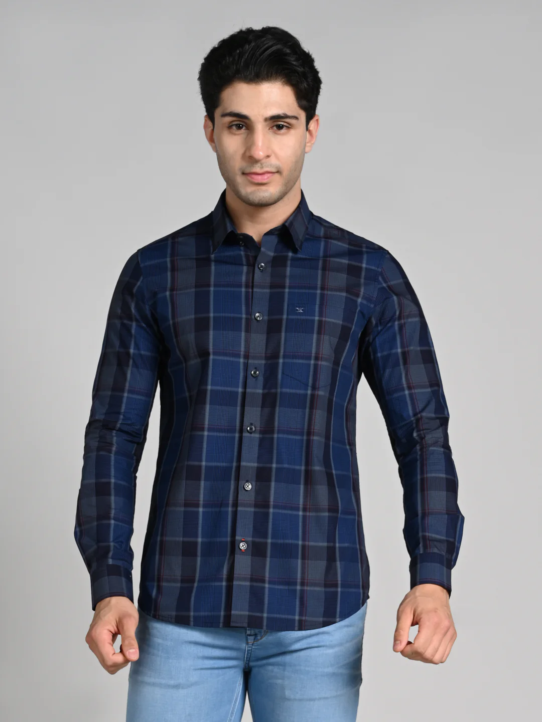 Full Sleeves Slim Fit Navy Tonal Checks Shirt - Image 4