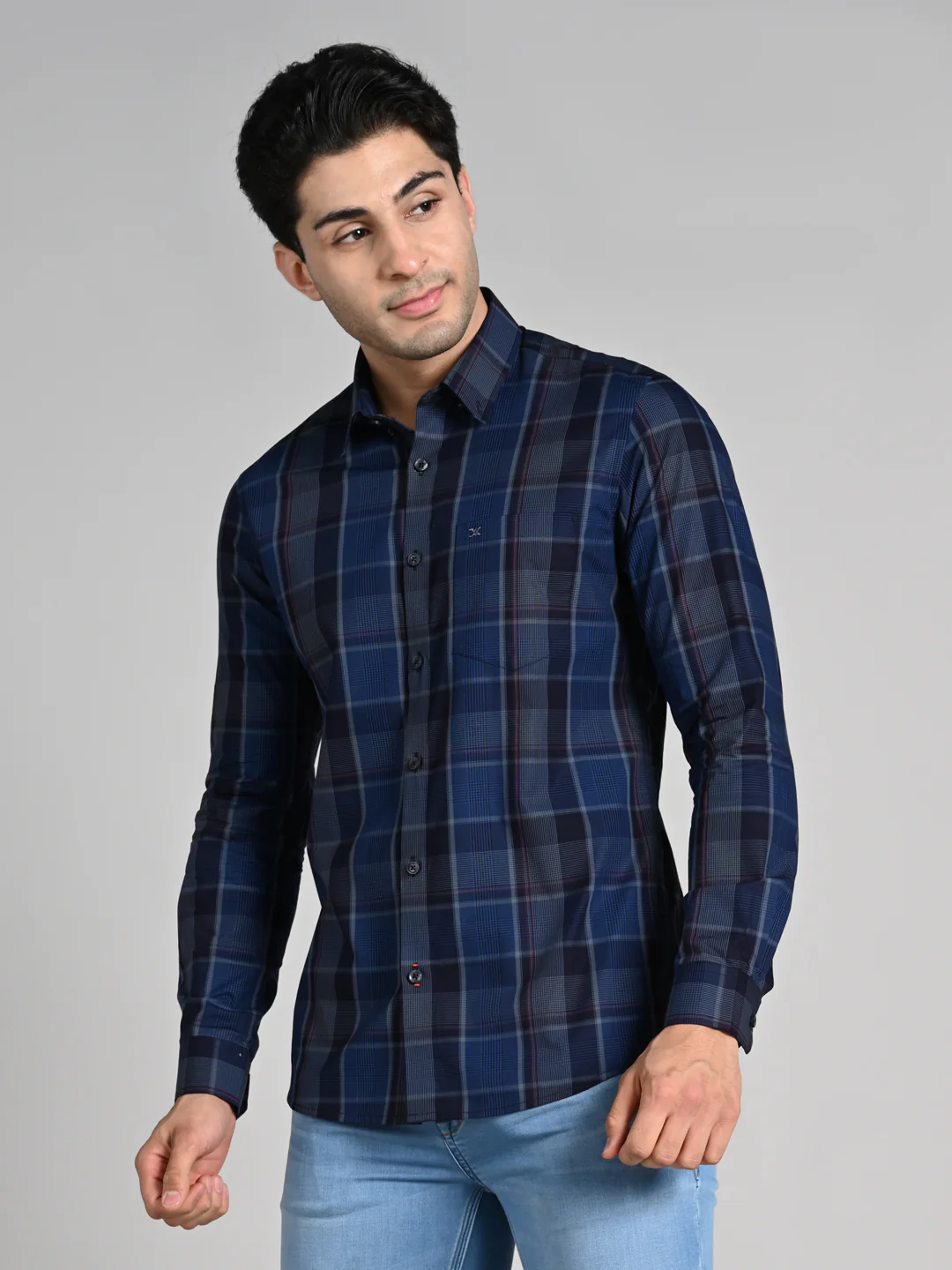 Full Sleeves Slim Fit Navy Tonal Checks Shirt - Image 5