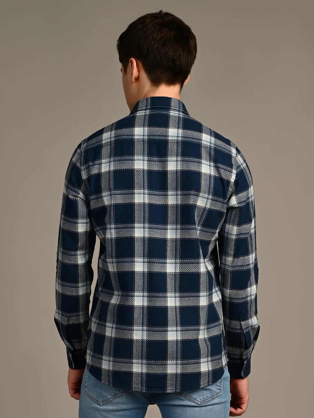 Full Sleeves Straight Fit Slate Blue Heavy Textured Checks Shirt - Image 7