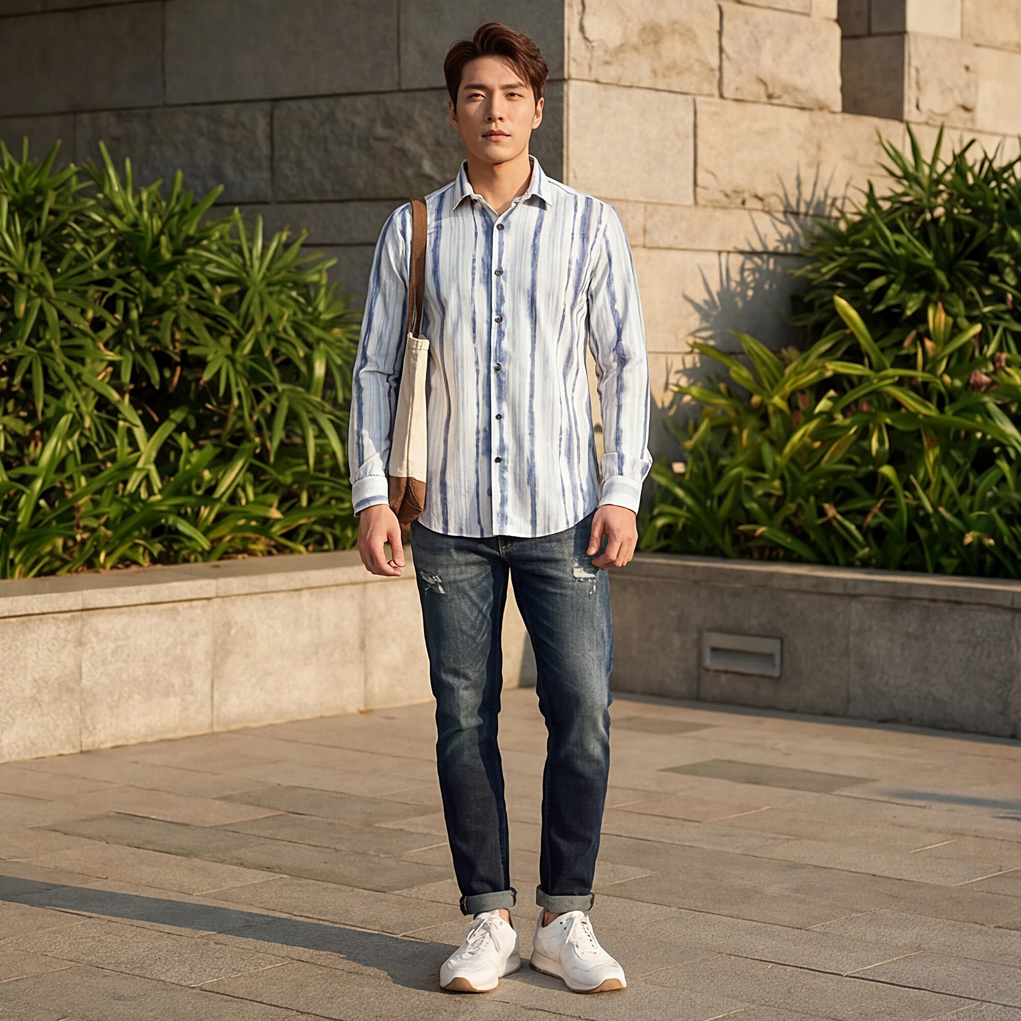 Full Sleeves Slim Fit Blue Distorted Stripes fancy Torn Look Print Shirt