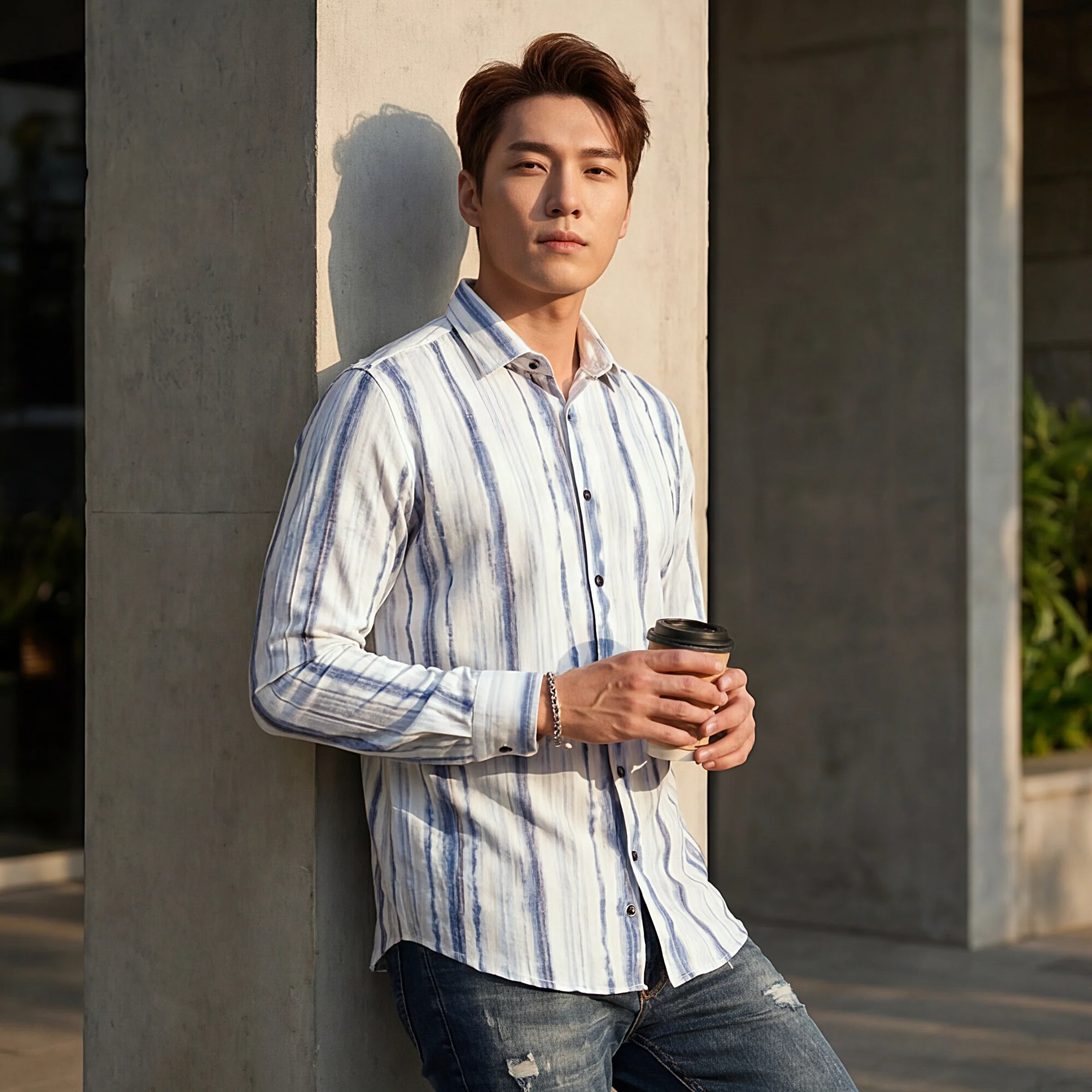 Full Sleeves Slim Fit Blue Distorted Stripes fancy Torn Look Print Shirt - Image 2