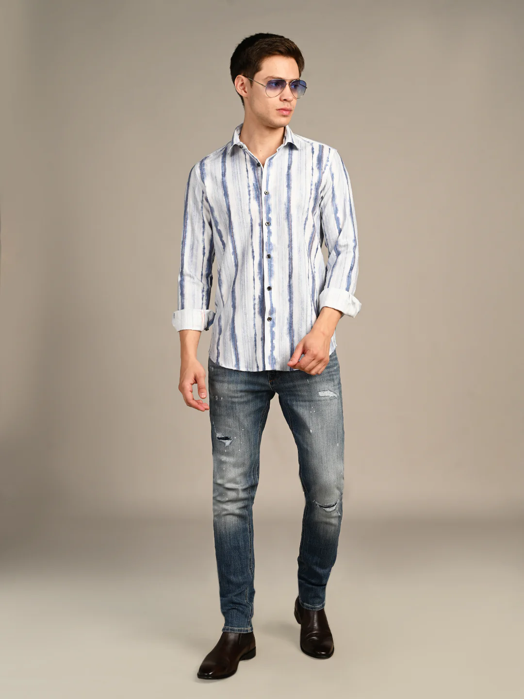 Full Sleeves Slim Fit Blue Distorted Stripes fancy Torn Look Print Shirt - Image 3