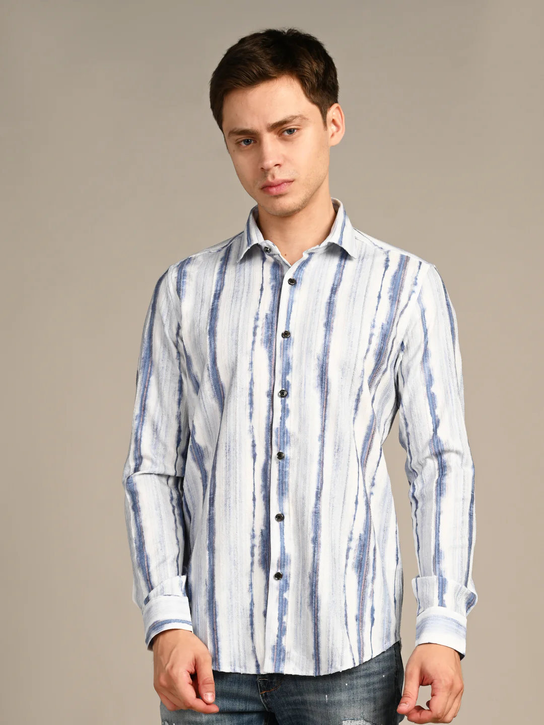 Full Sleeves Slim Fit Blue Distorted Stripes fancy Torn Look Print Shirt - Image 4