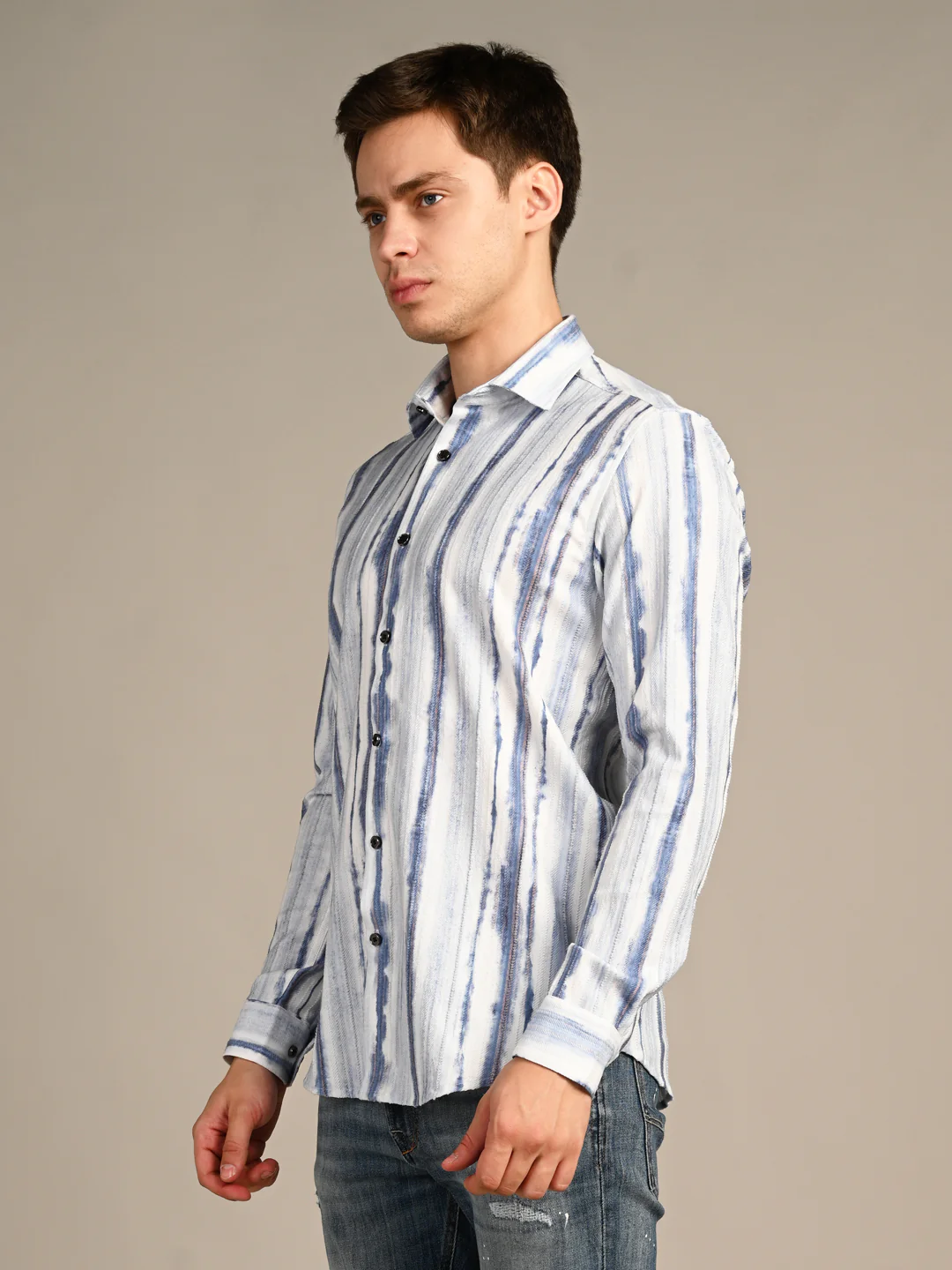 Full Sleeves Slim Fit Blue Distorted Stripes fancy Torn Look Print Shirt - Image 5