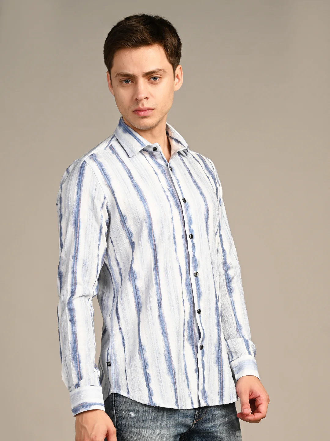 Full Sleeves Slim Fit Blue Distorted Stripes fancy Torn Look Print Shirt - Image 6