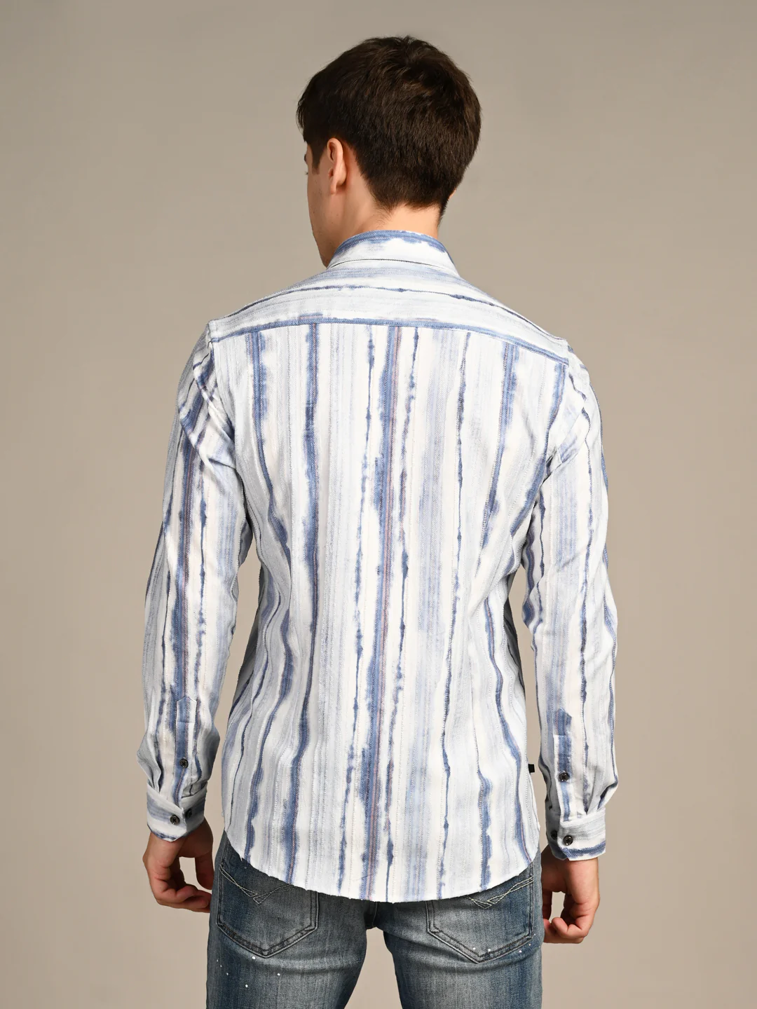 Full Sleeves Slim Fit Blue Distorted Stripes fancy Torn Look Print Shirt - Image 7