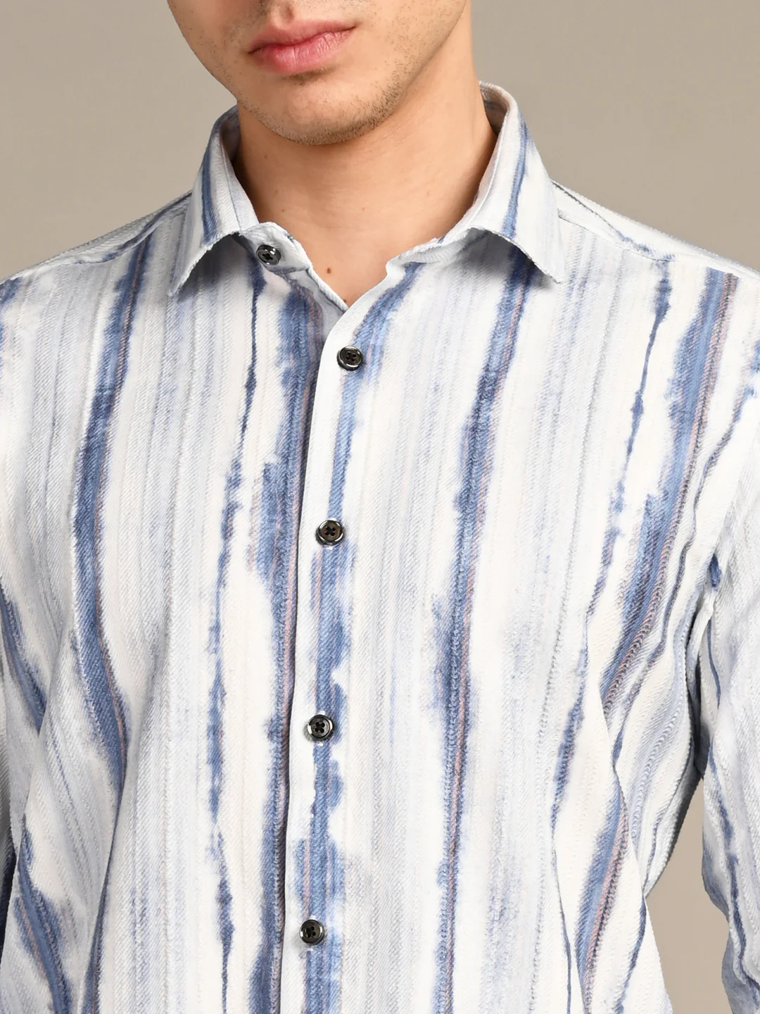 Full Sleeves Slim Fit Blue Distorted Stripes fancy Torn Look Print Shirt - Image 8