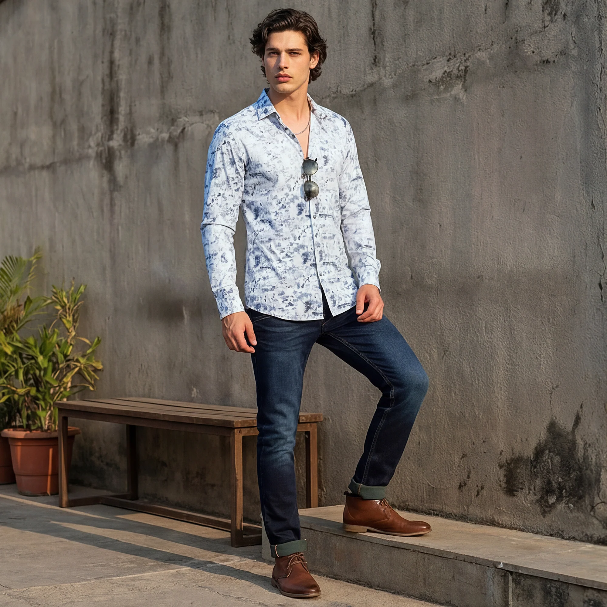 Full Sleeves Slim Fit Blue All Over Digital Camou Print Knit Shirt
