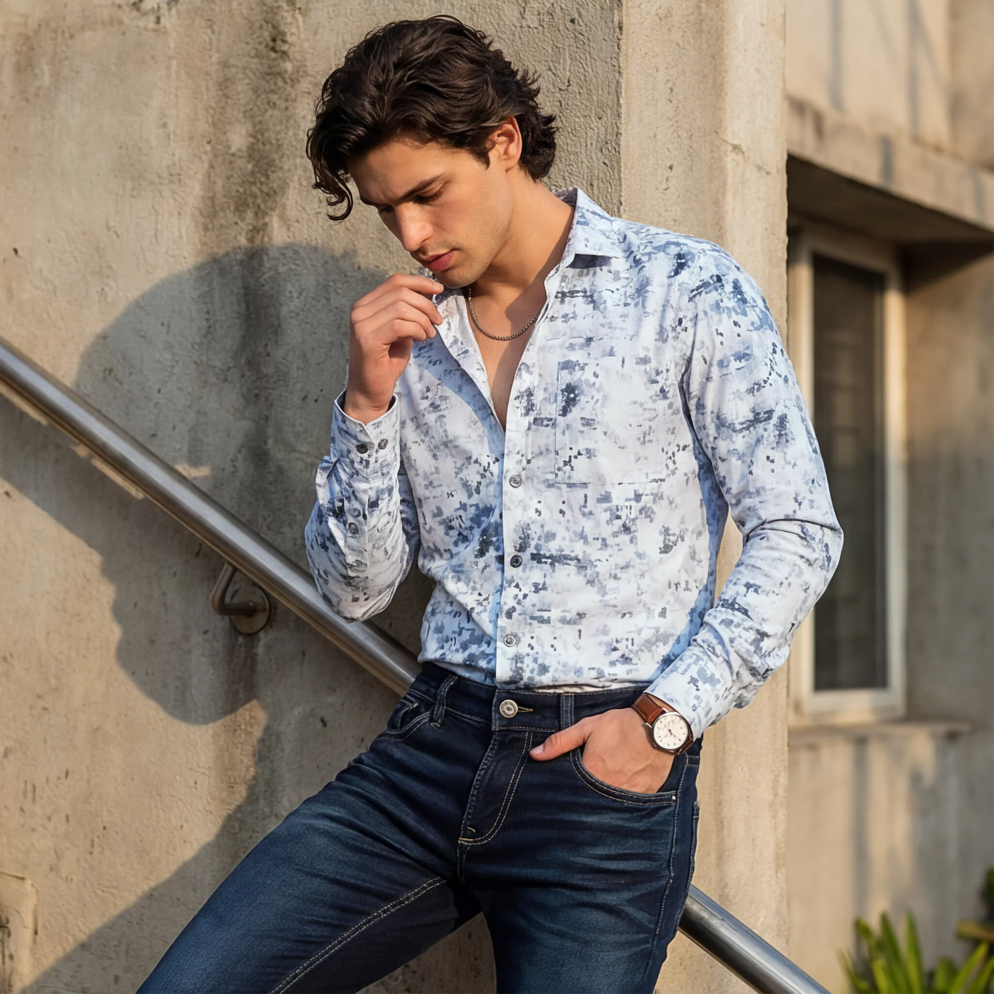 Full Sleeves Slim Fit Blue All Over Digital Camou Print Knit Shirt - Image 2