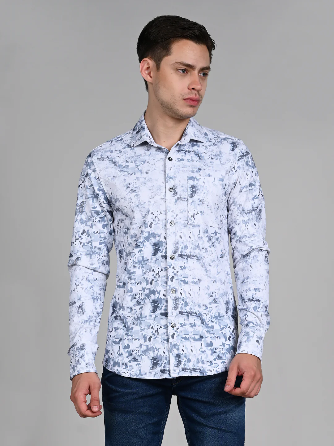 Full Sleeves Slim Fit Blue All Over Digital Camou Print Knit Shirt - Image 4