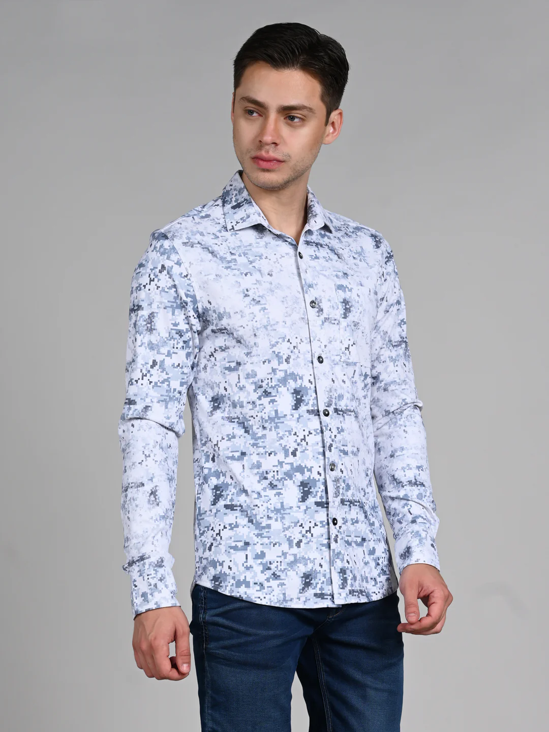 Full Sleeves Slim Fit Blue All Over Digital Camou Print Knit Shirt - Image 5