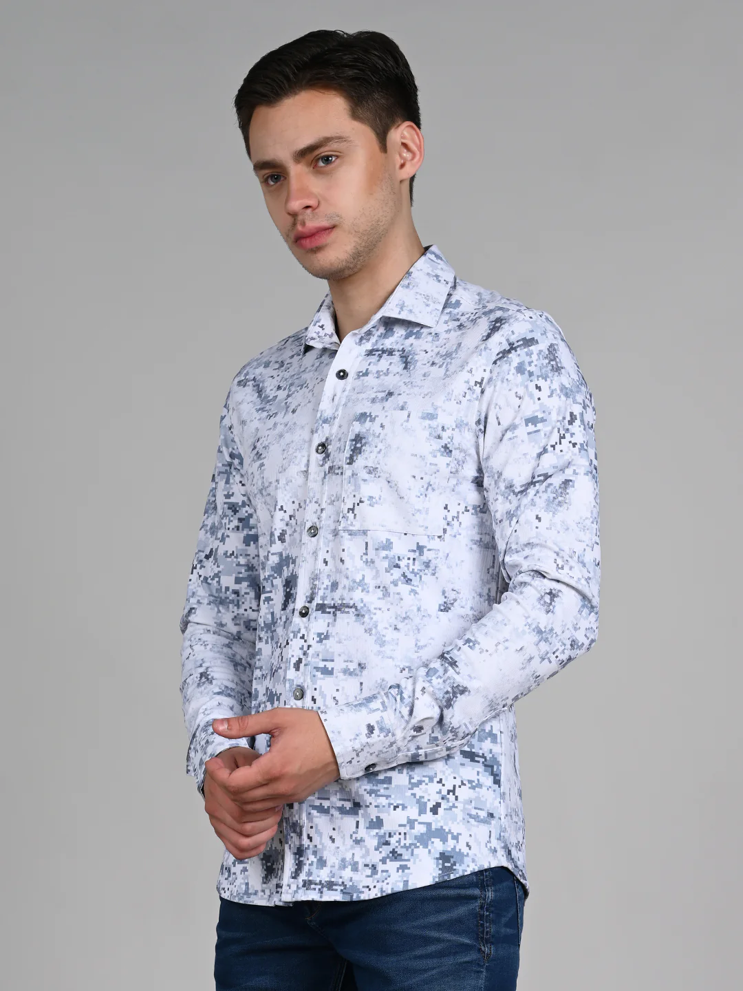 Full Sleeves Slim Fit Blue All Over Digital Camou Print Knit Shirt - Image 6