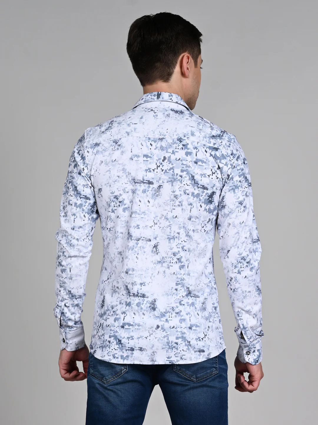 Full Sleeves Slim Fit Blue All Over Digital Camou Print Knit Shirt - Image 7