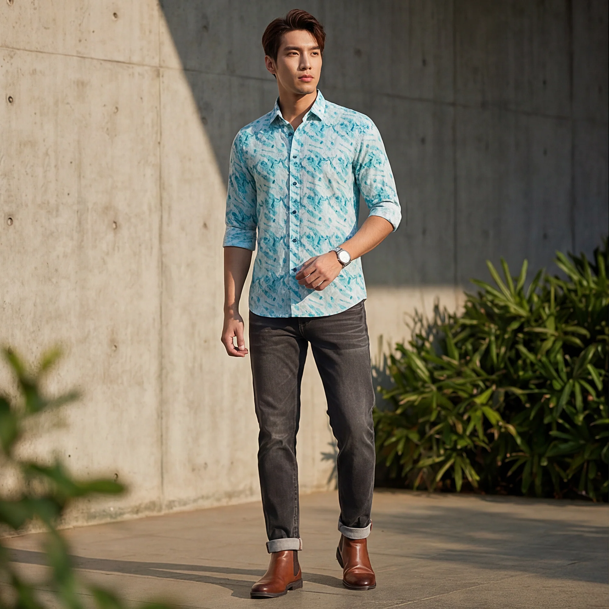 Full sleeves Slim Fit Blue Abstract Wave Brush Print Shirt