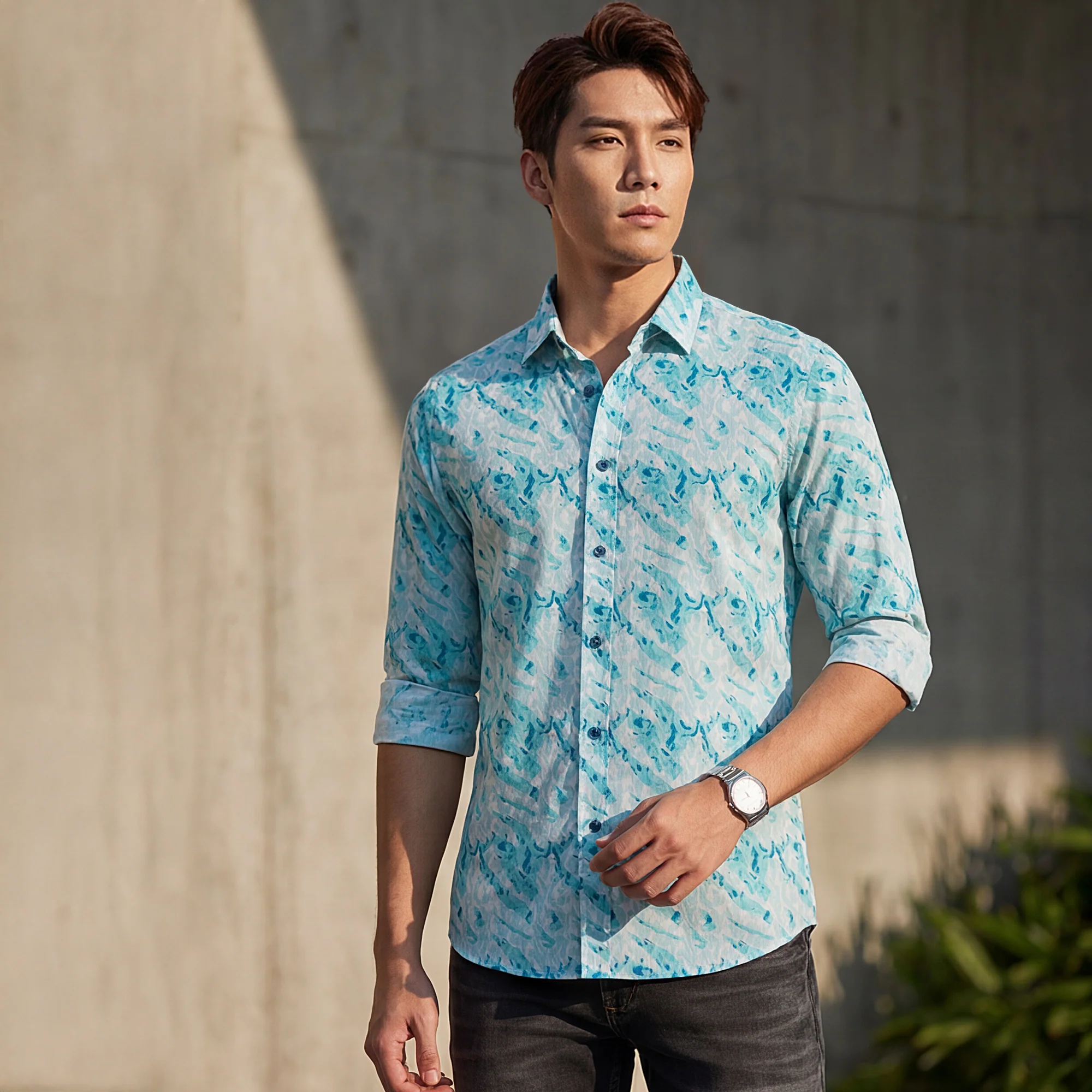 Full sleeves Slim Fit Blue Abstract Wave Brush Print Shirt - Image 2