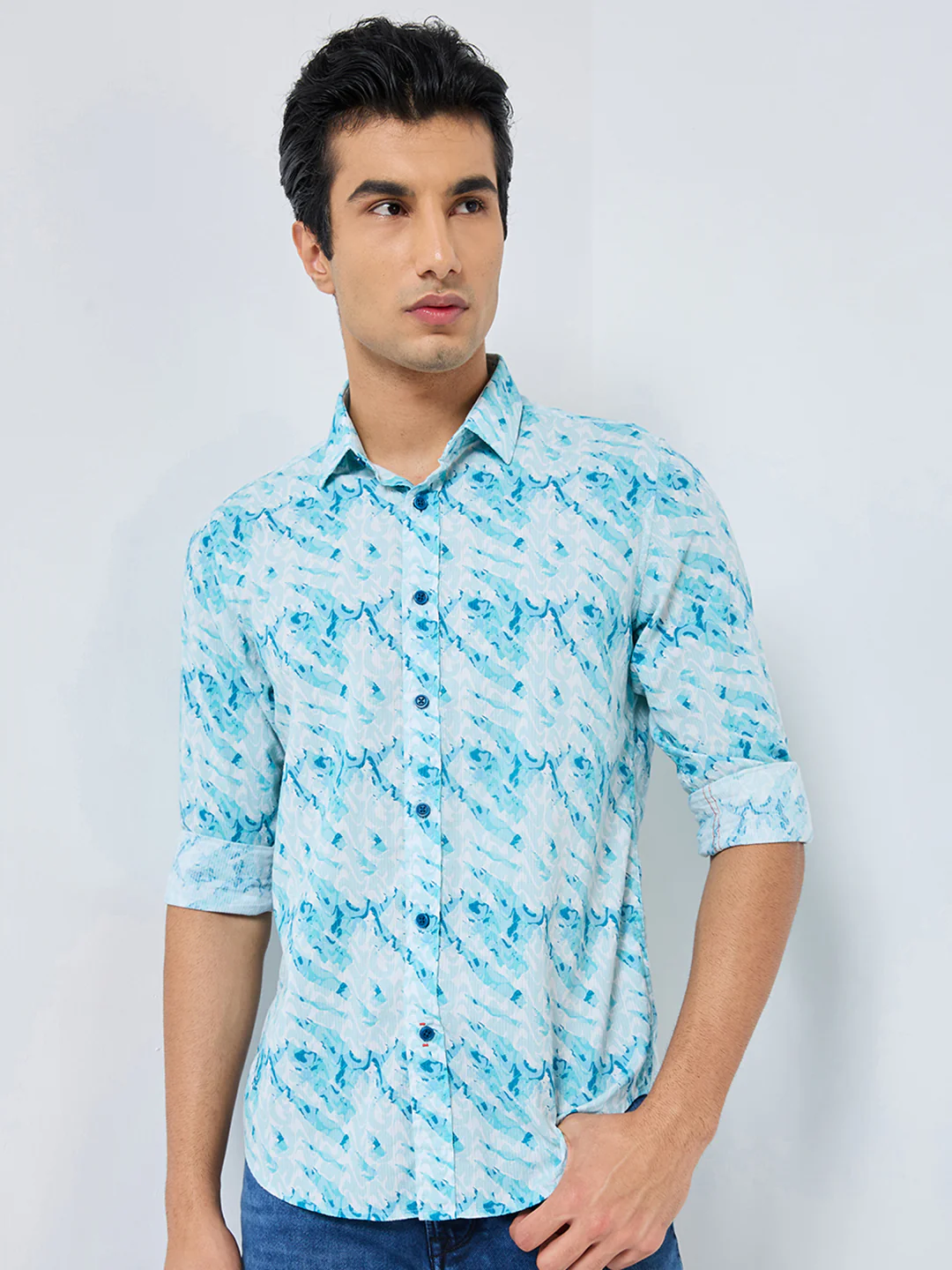 Full sleeves Slim Fit Blue Abstract Wave Brush Print Shirt - Image 3