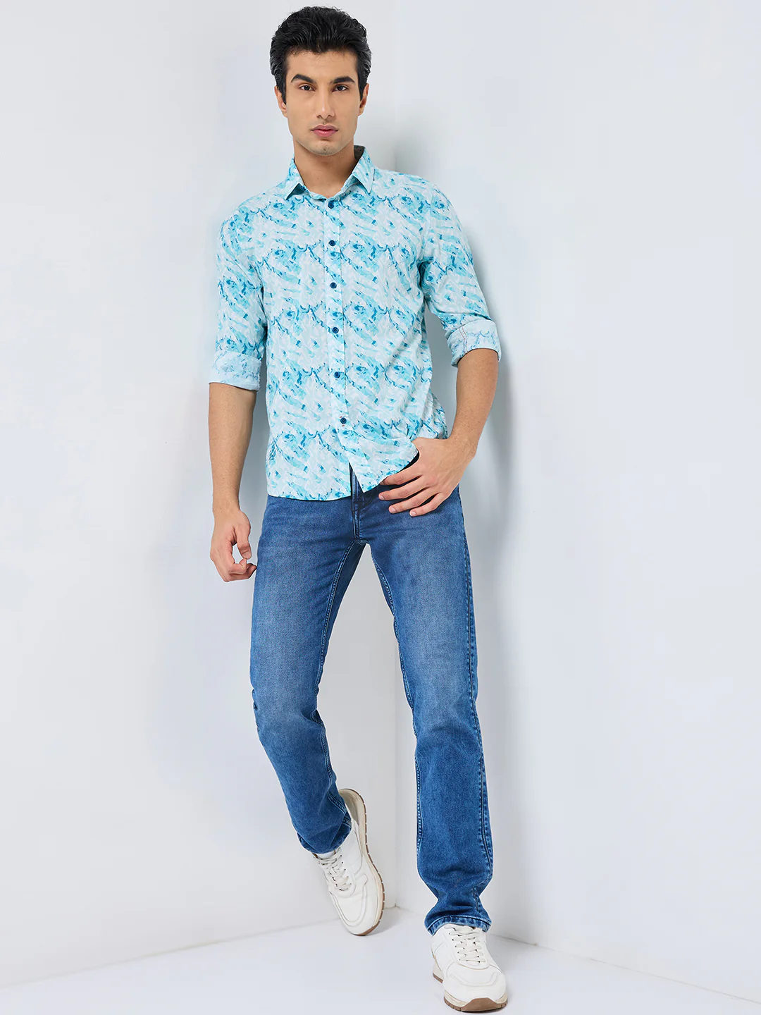 Full sleeves Slim Fit Blue Abstract Wave Brush Print Shirt - Image 4