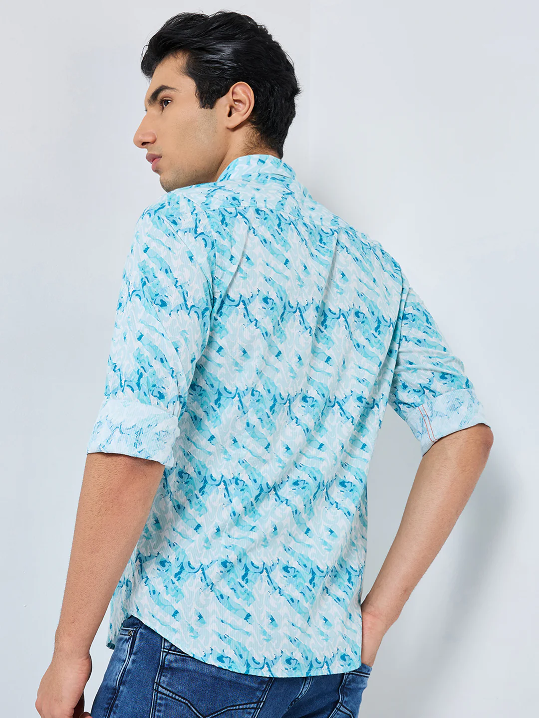 Full sleeves Slim Fit Blue Abstract Wave Brush Print Shirt - Image 5