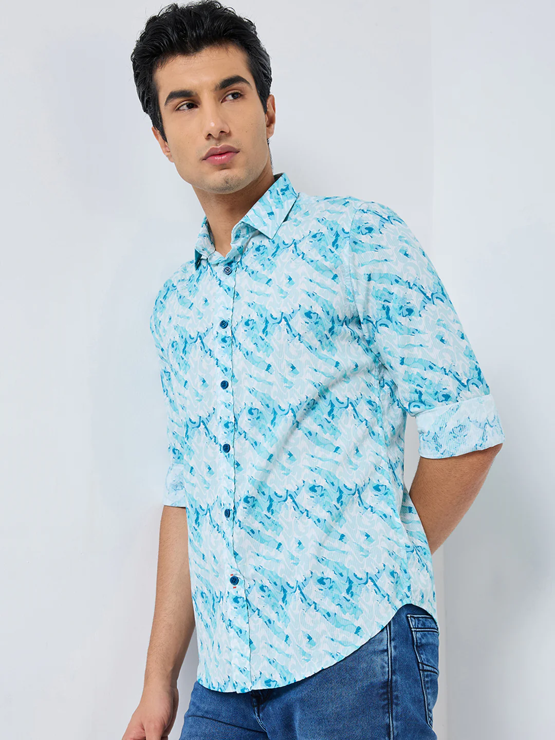 Full sleeves Slim Fit Blue Abstract Wave Brush Print Shirt - Image 6