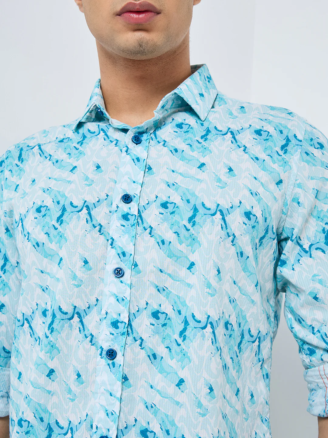 Full sleeves Slim Fit Blue Abstract Wave Brush Print Shirt - Image 7