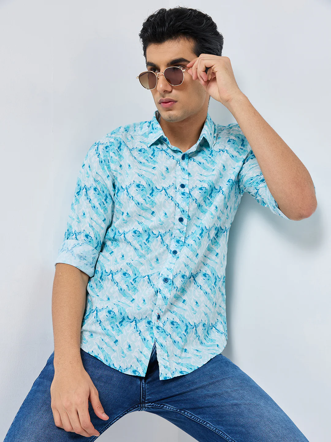Full sleeves Slim Fit Blue Abstract Wave Brush Print Shirt - Image 8