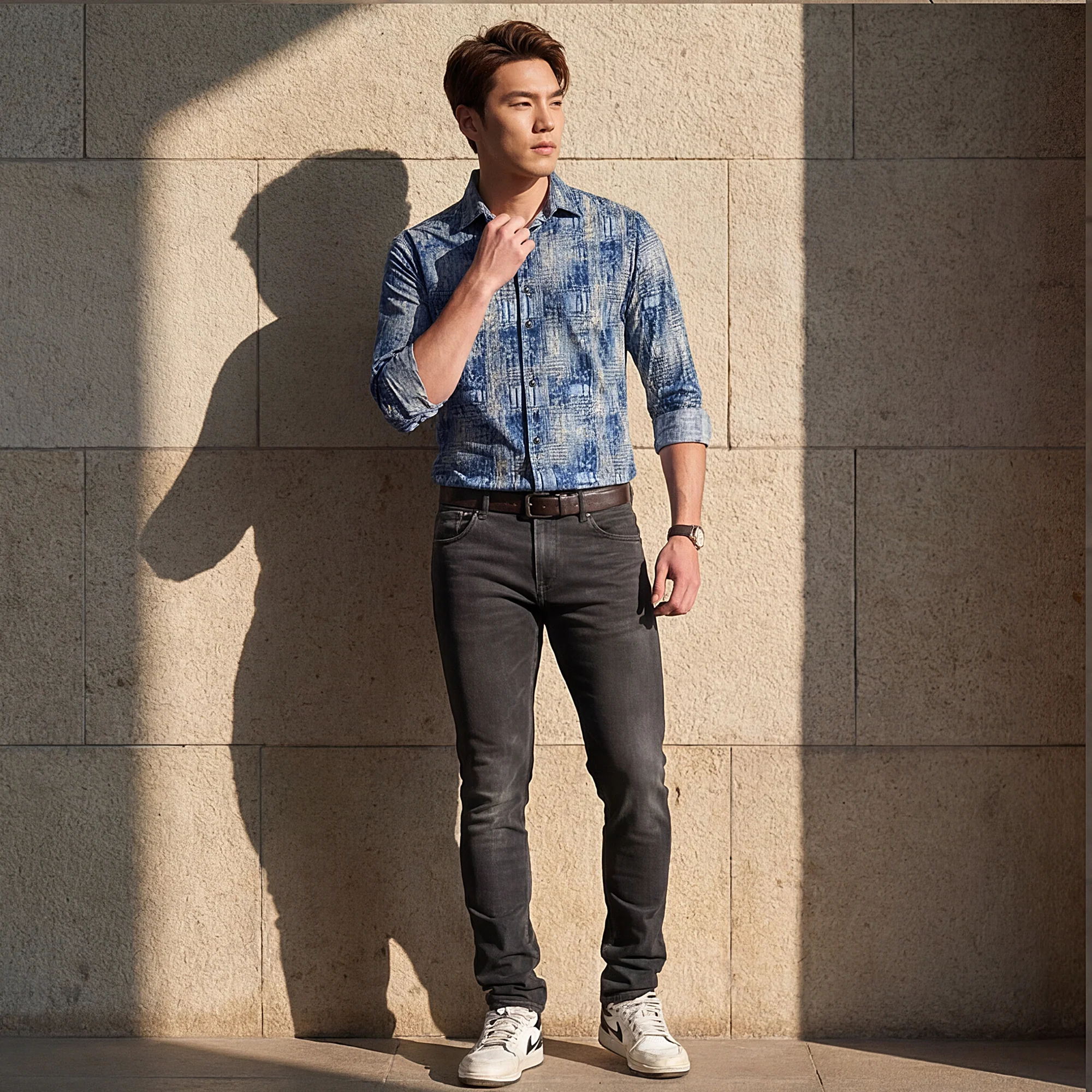 Full Sleeves Slim Fit Brown Grunge Geometric Print Shirt